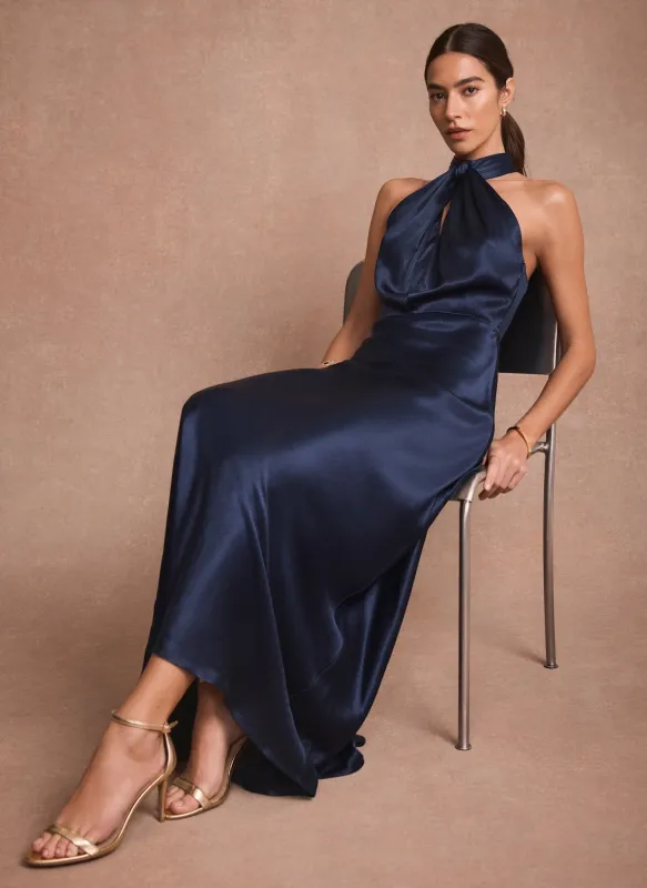Navy Satin Halter Maxi Dress sold by Mint Velvet