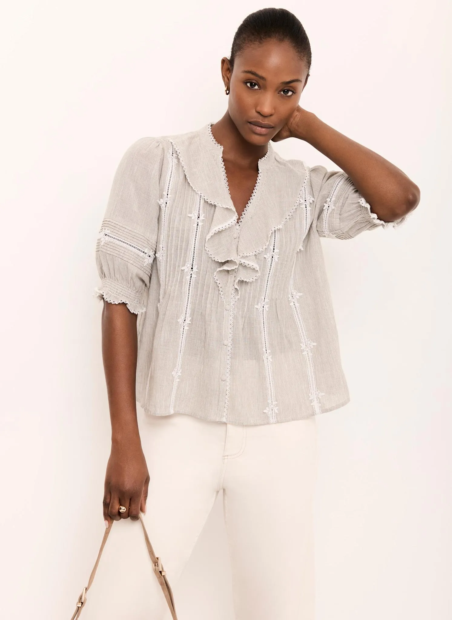 Cotton Stripe Ruffle Blouse sold by Mint Velvet product image thumbnail 3