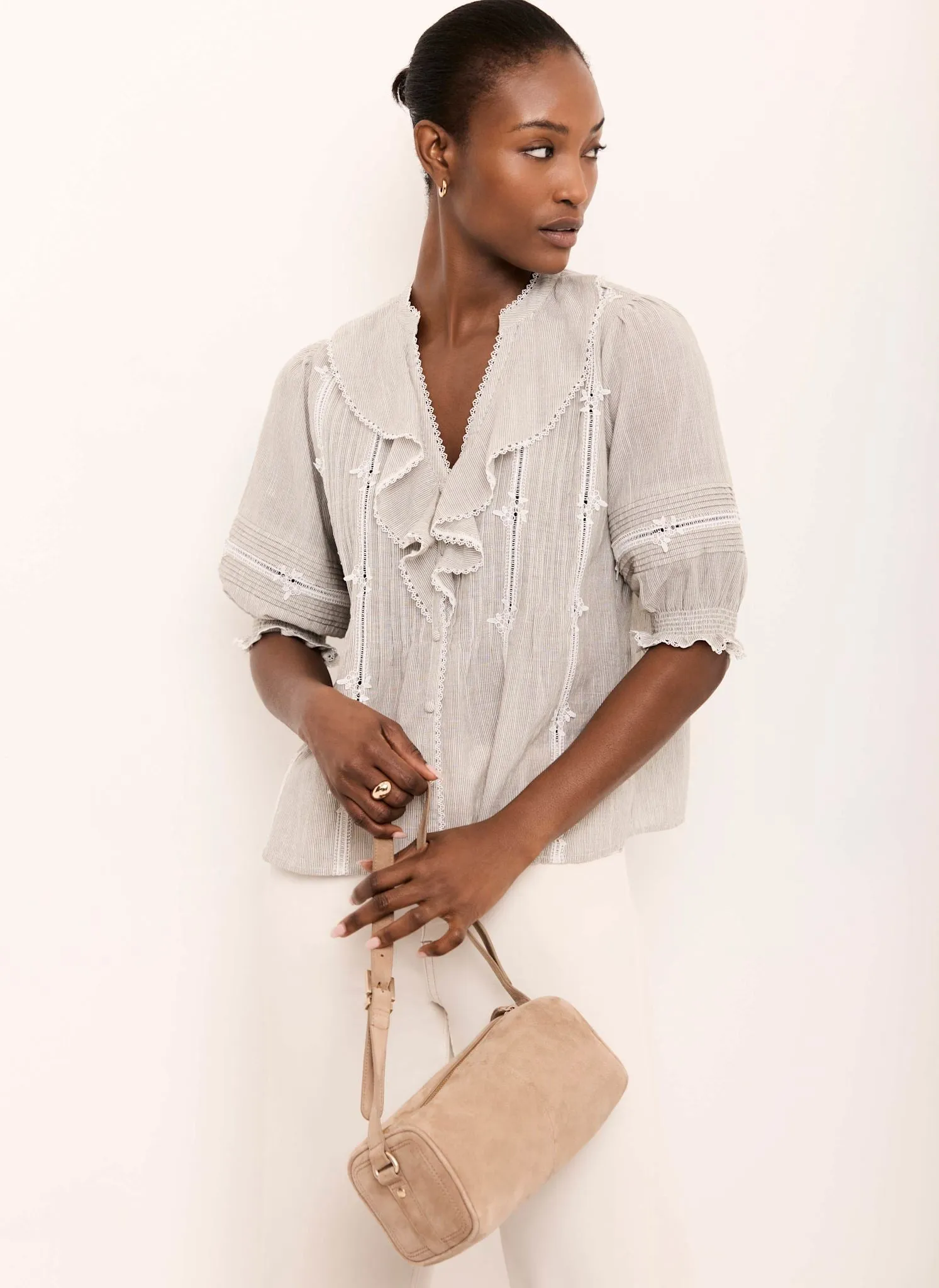 Cotton Stripe Ruffle Blouse sold by Mint Velvet