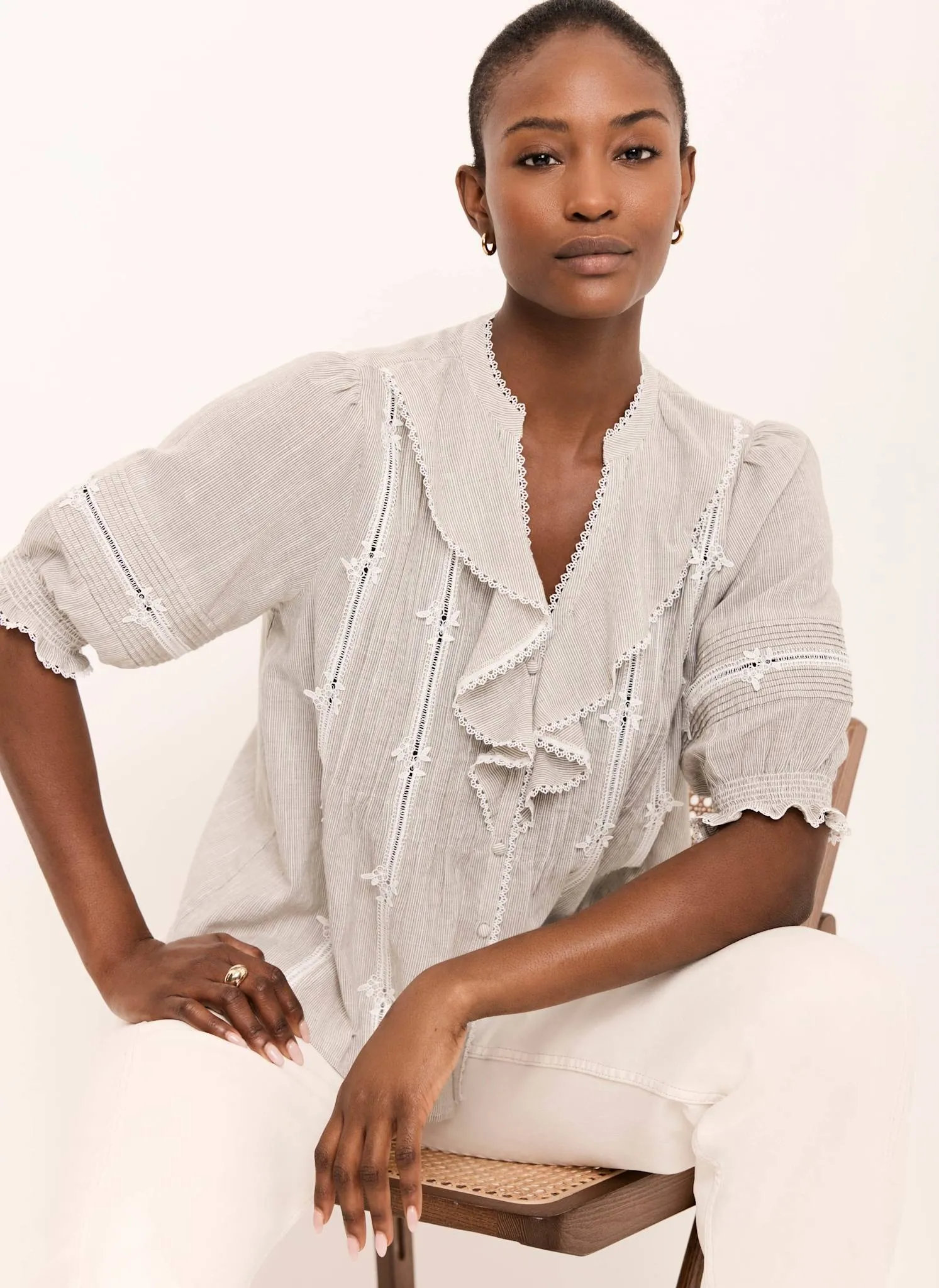 Cotton Stripe Ruffle Blouse sold by Mint Velvet product image thumbnail 2