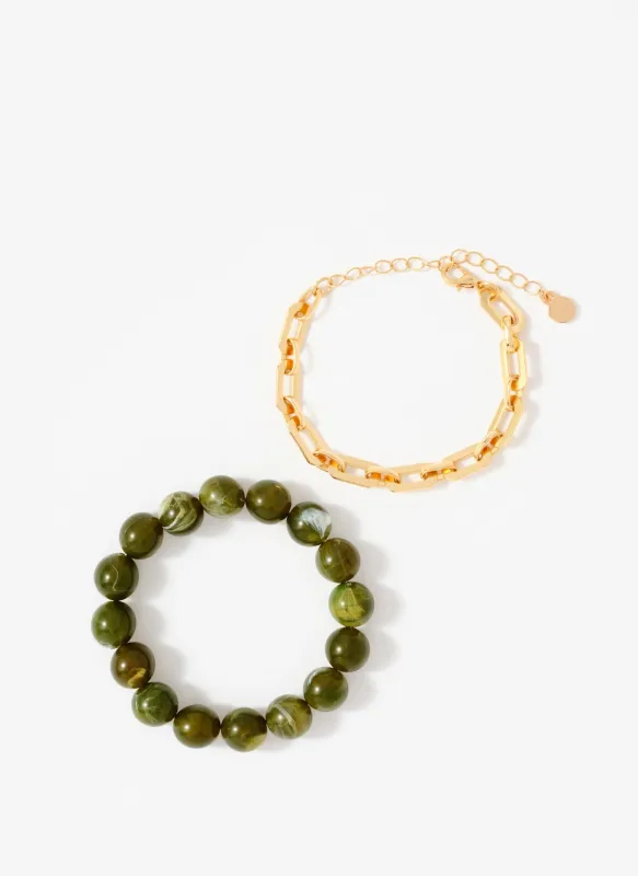 Green Beaded and Chain Layer Bracelet sold by Mint Velvet