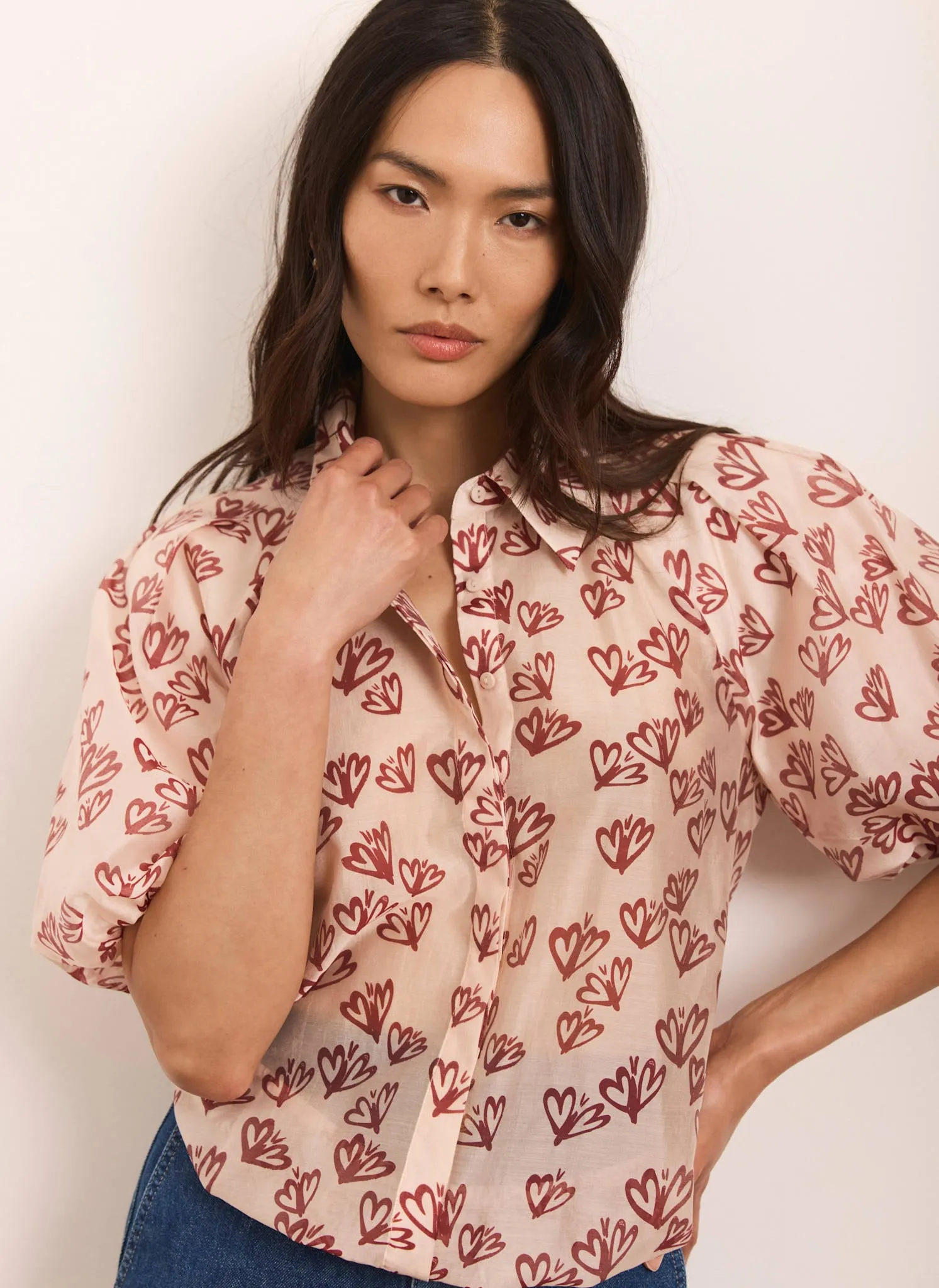 Pink Heart Print Puff Sleeve Shirt sold by Mint Velvet product image thumbnail 2