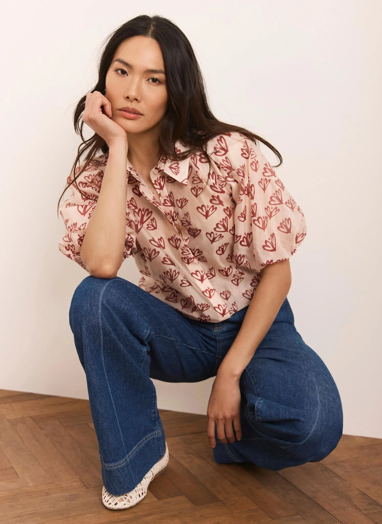 Pink Heart Print Puff Sleeve Shirt sold by Mint Velvet product image thumbnail 3