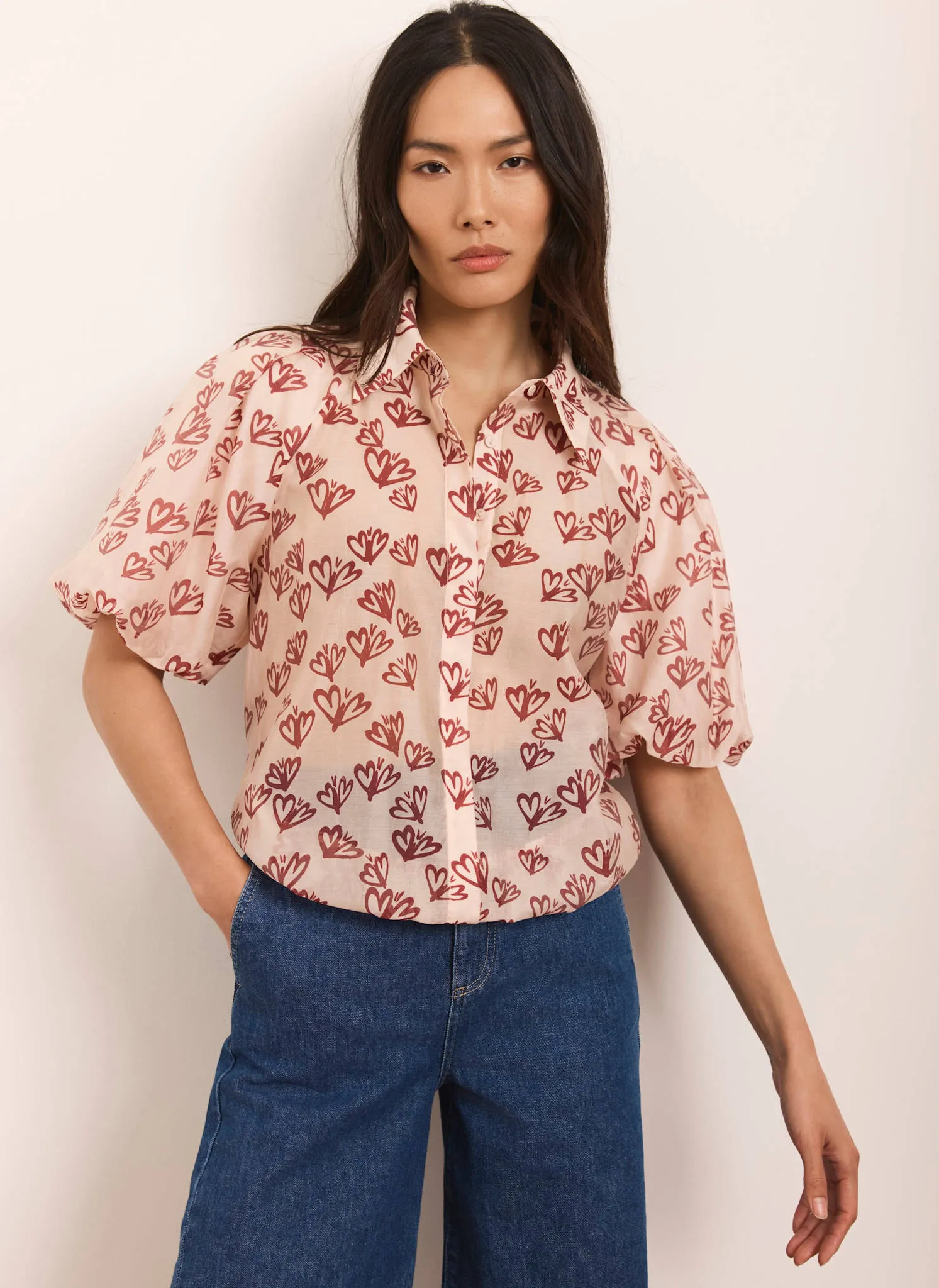 Pink Heart Print Puff Sleeve Shirt sold by Mint Velvet