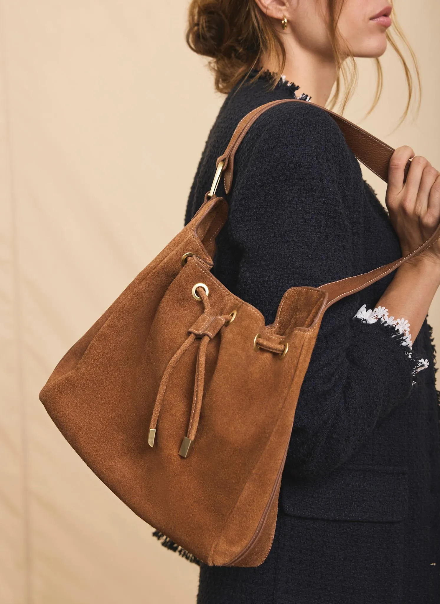 Mabel Tan Suede Bucket Bag sold by Mint Velvet