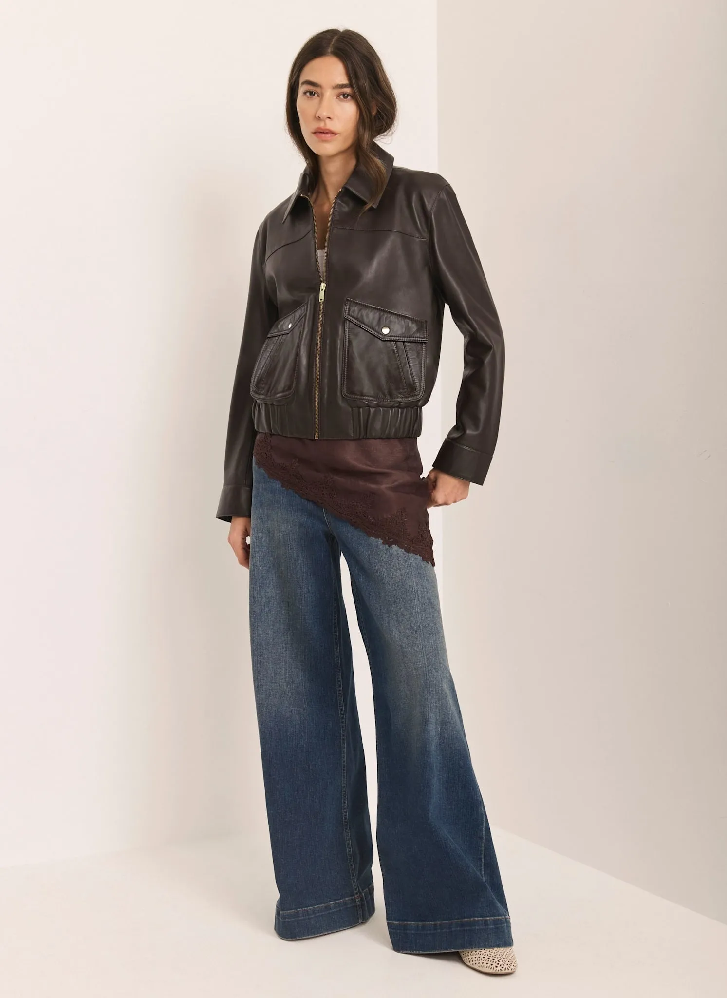 Brown Leather Collared Bomber Jacket sold by Mint Velvet product image thumbnail 3