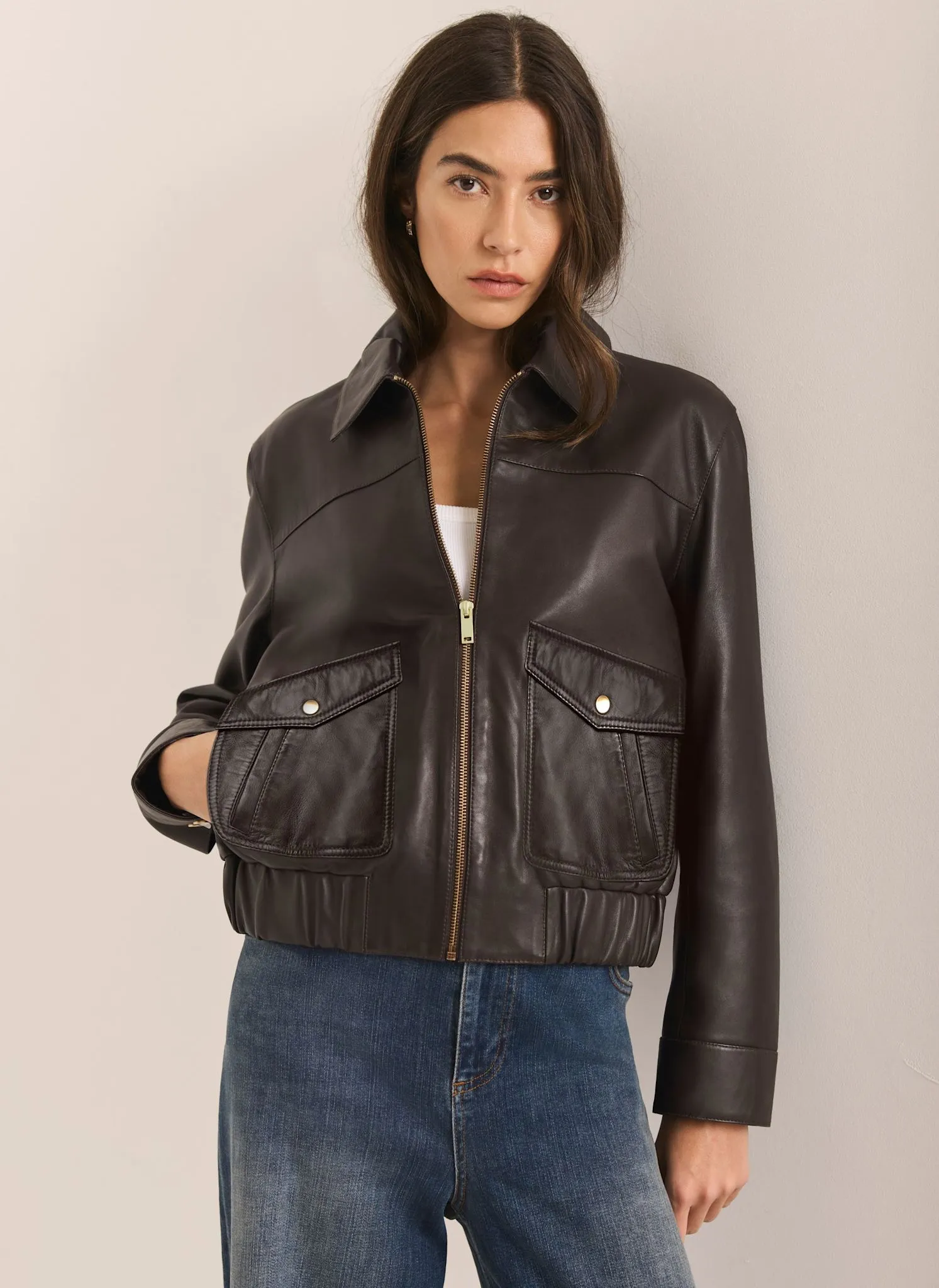 Brown Leather Collared Bomber Jacket sold by Mint Velvet product image thumbnail 4