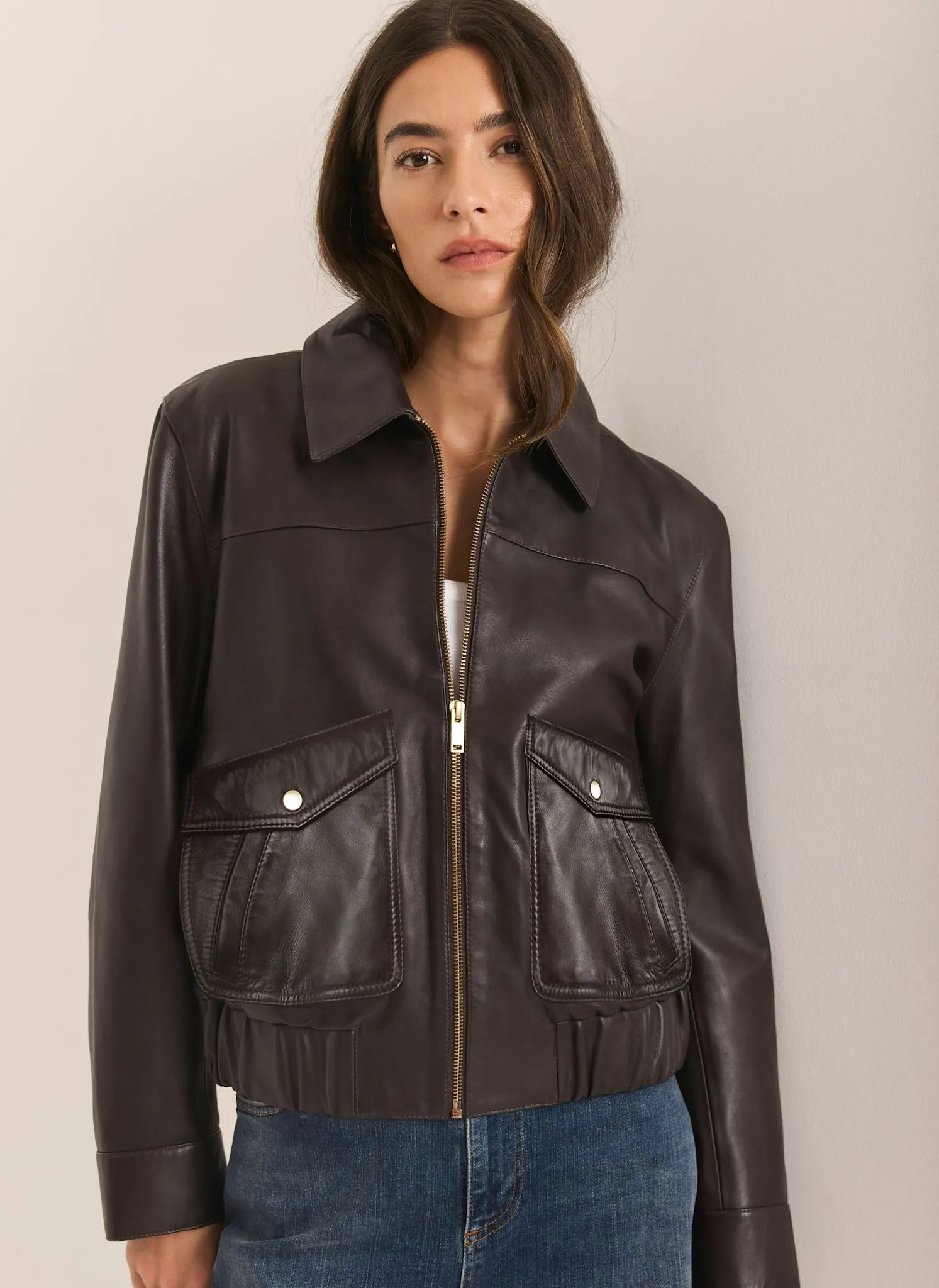 Brown Leather Collared Bomber Jacket sold by Mint Velvet product image thumbnail 2