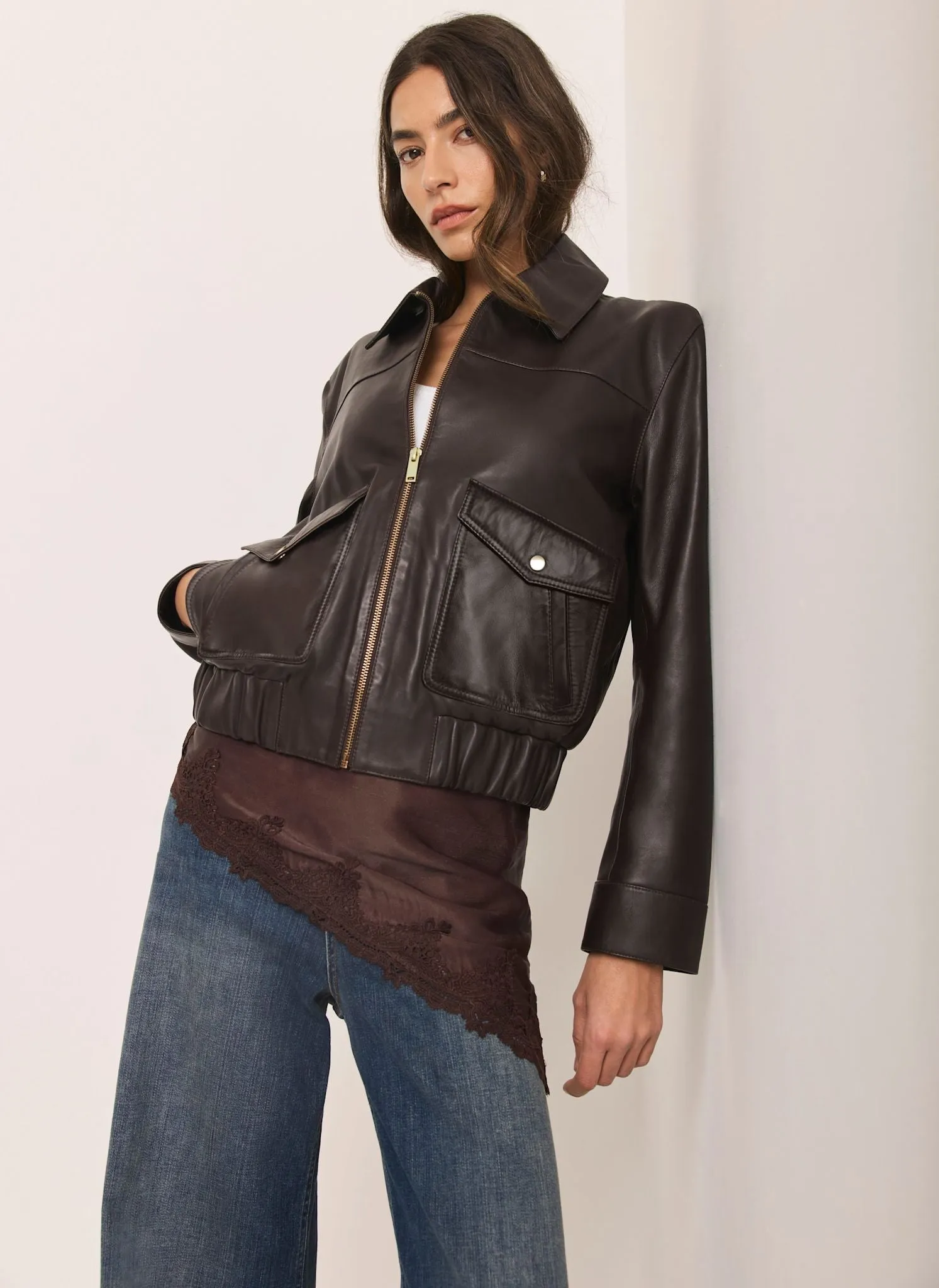 Brown Leather Collared Bomber Jacket sold by Mint Velvet