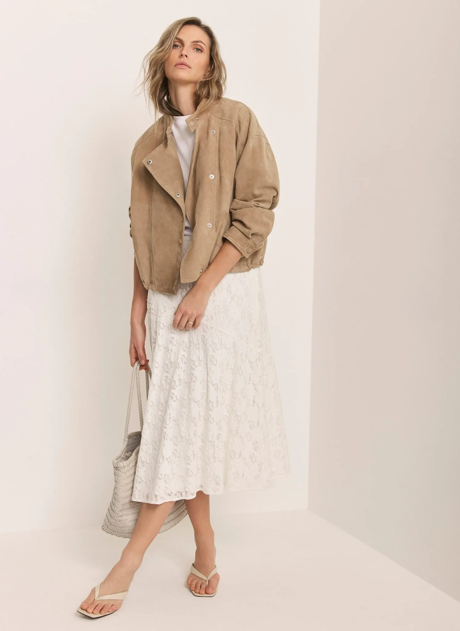 Neutral Suede Cropped Pilot Bomber Jacket sold by Mint Velvet product image thumbnail 5