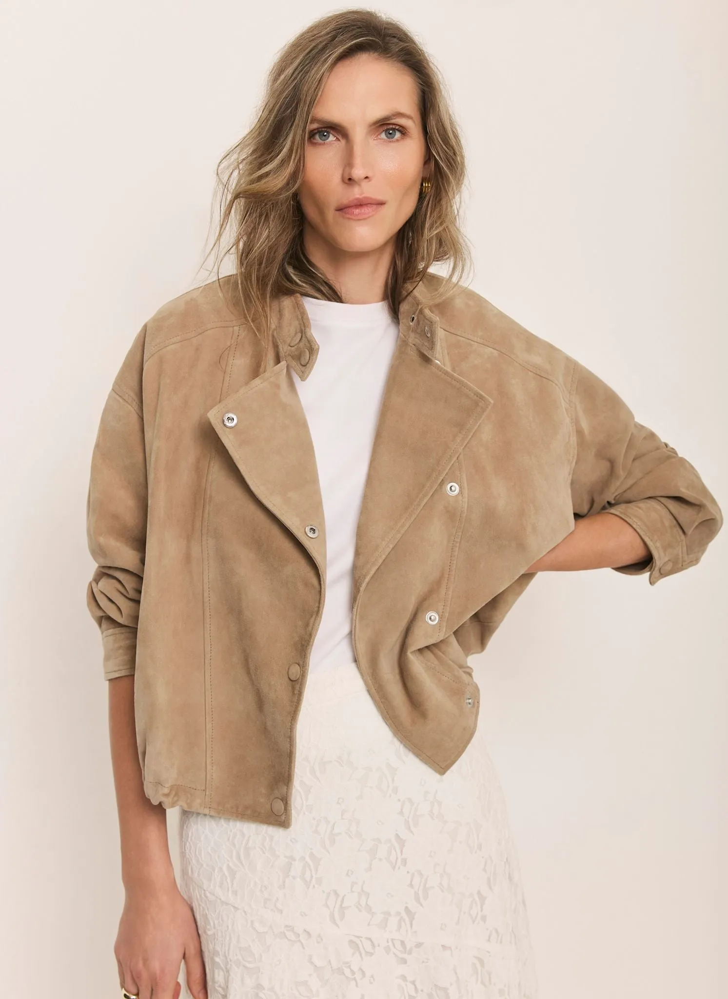 Neutral Suede Cropped Pilot Bomber Jacket sold by Mint Velvet product image thumbnail 2