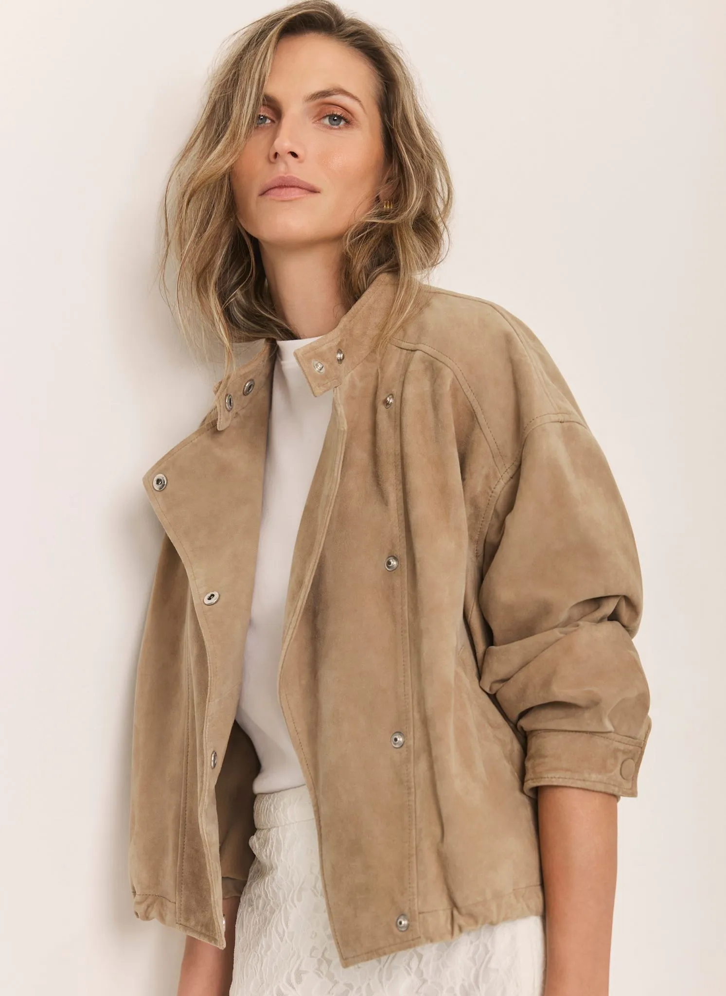 Neutral Suede Cropped Pilot Bomber Jacket sold by Mint Velvet