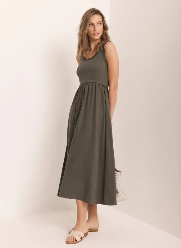 Khaki Ruched Trim Cotton Midi Dress sold by Mint Velvet