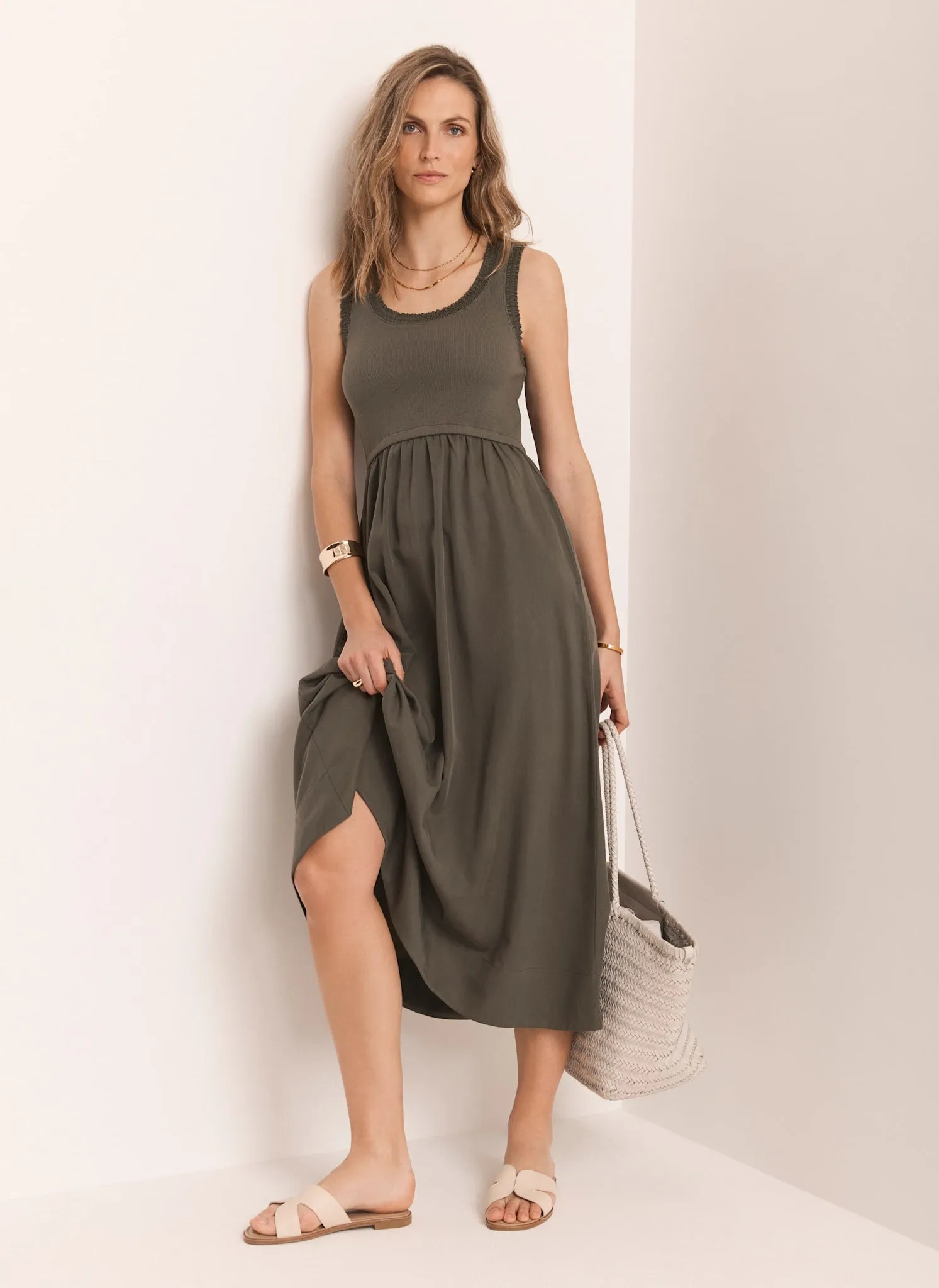 Khaki Ruched Trim Cotton Midi Dress sold by Mint Velvet product image thumbnail 4
