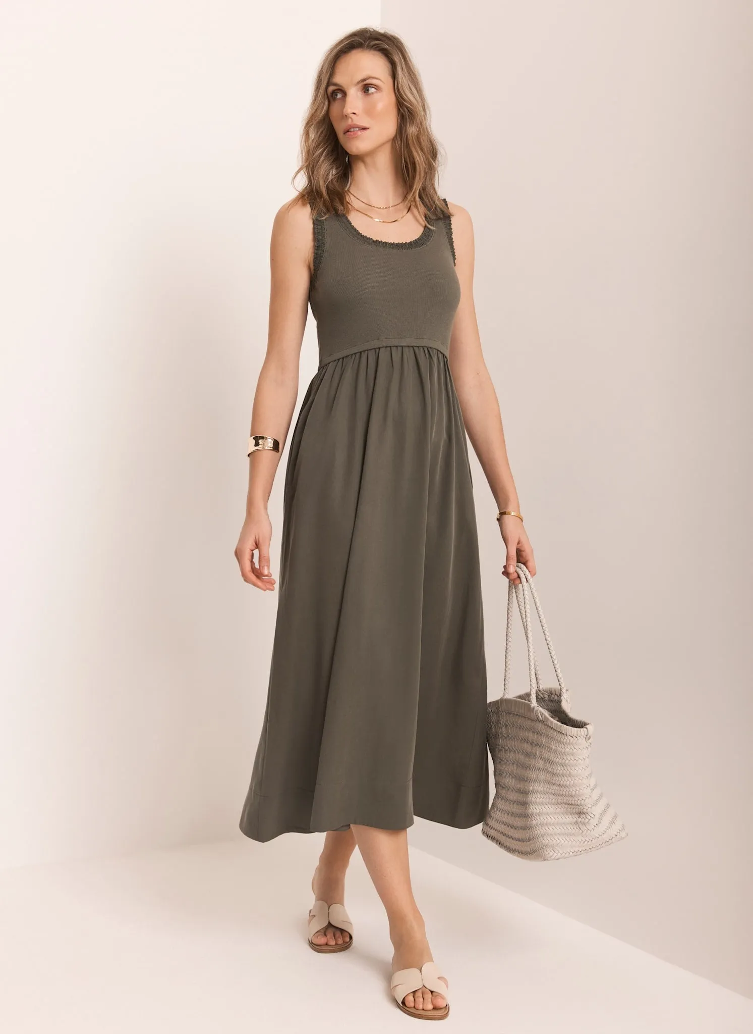 Khaki Ruched Trim Cotton Midi Dress sold by Mint Velvet product image thumbnail 2