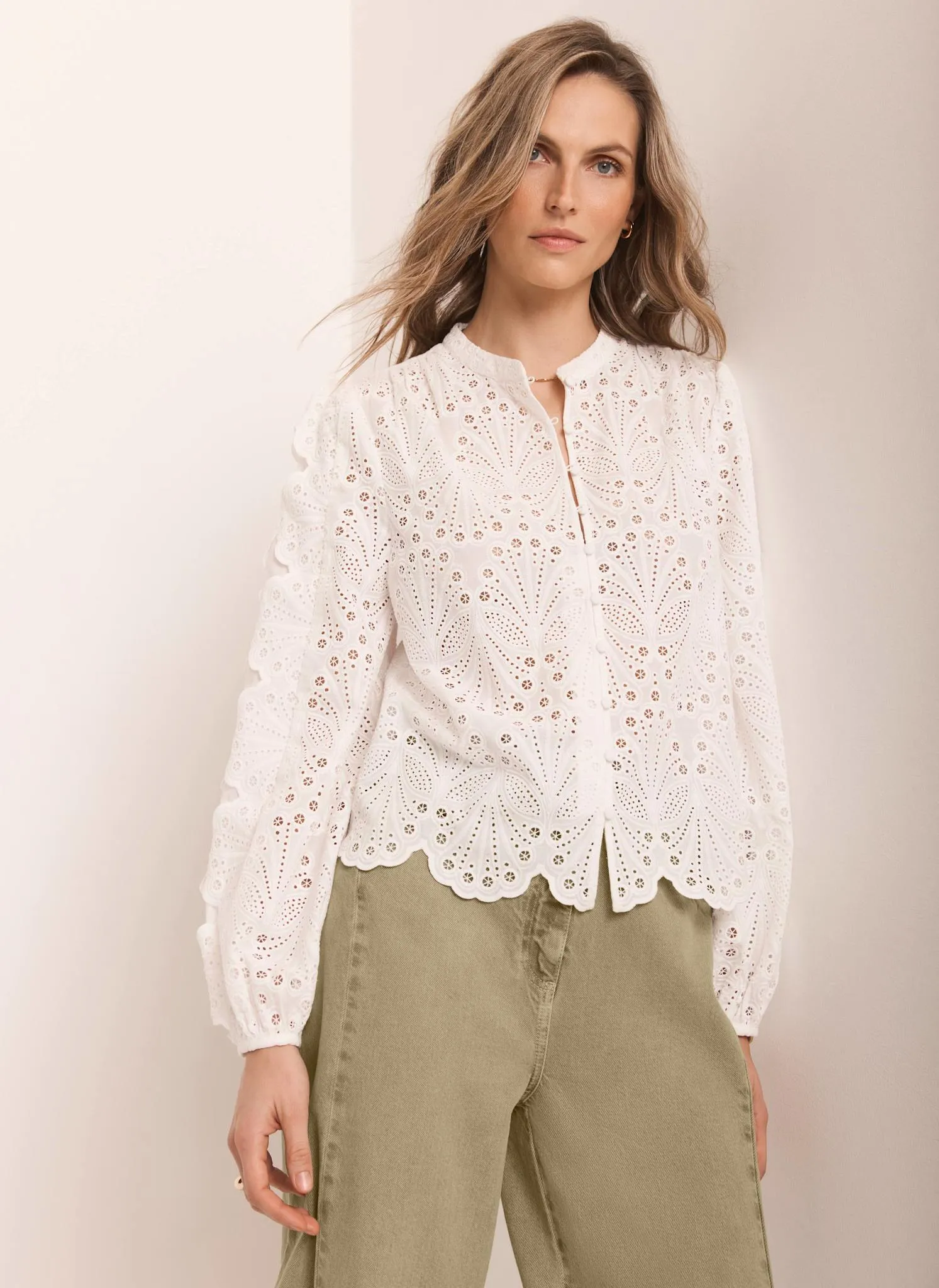 White Cotton Broderie Detail Blouse sold by Mint Velvet