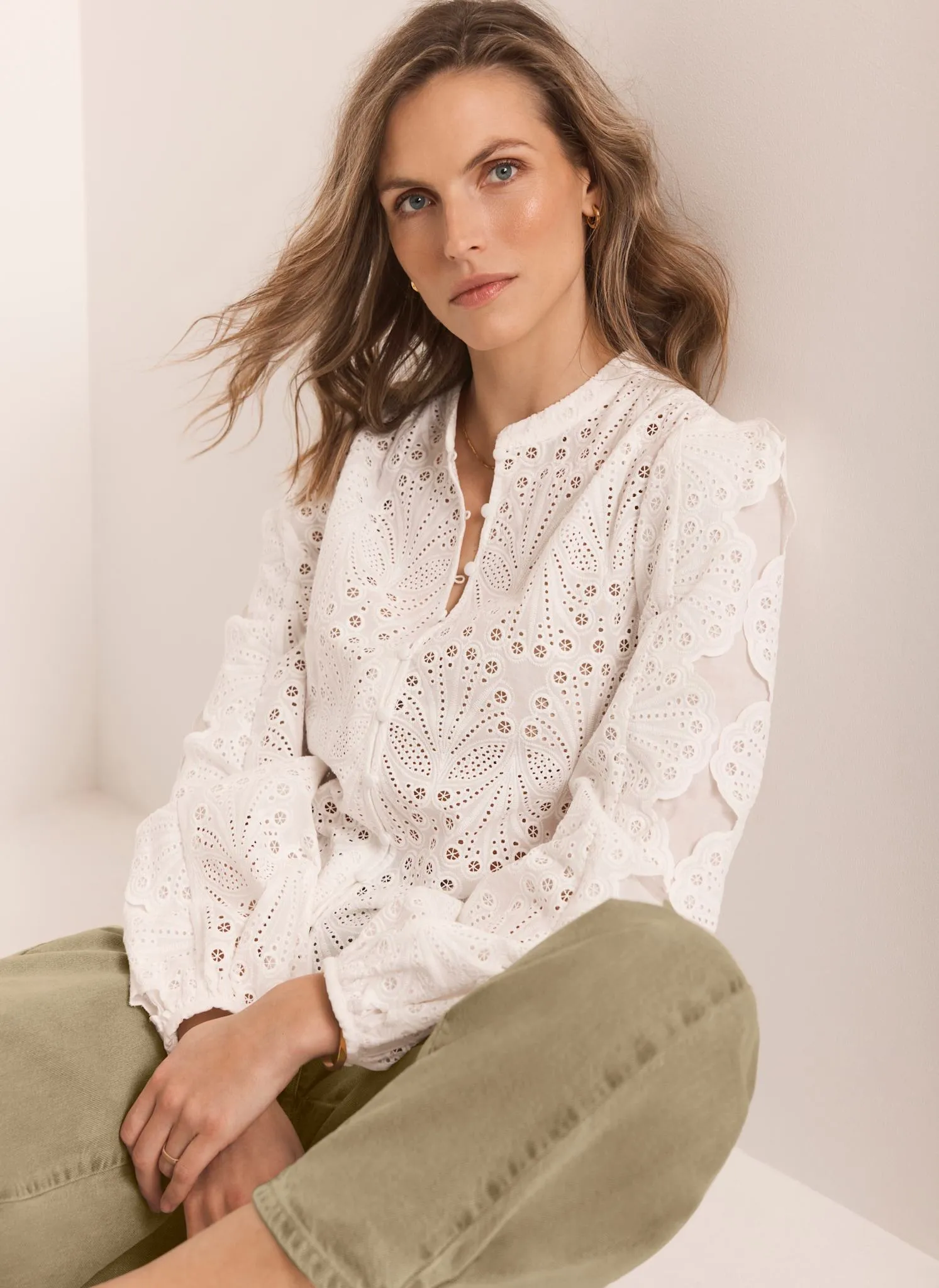 White Cotton Broderie Detail Blouse sold by Mint Velvet product image thumbnail 2