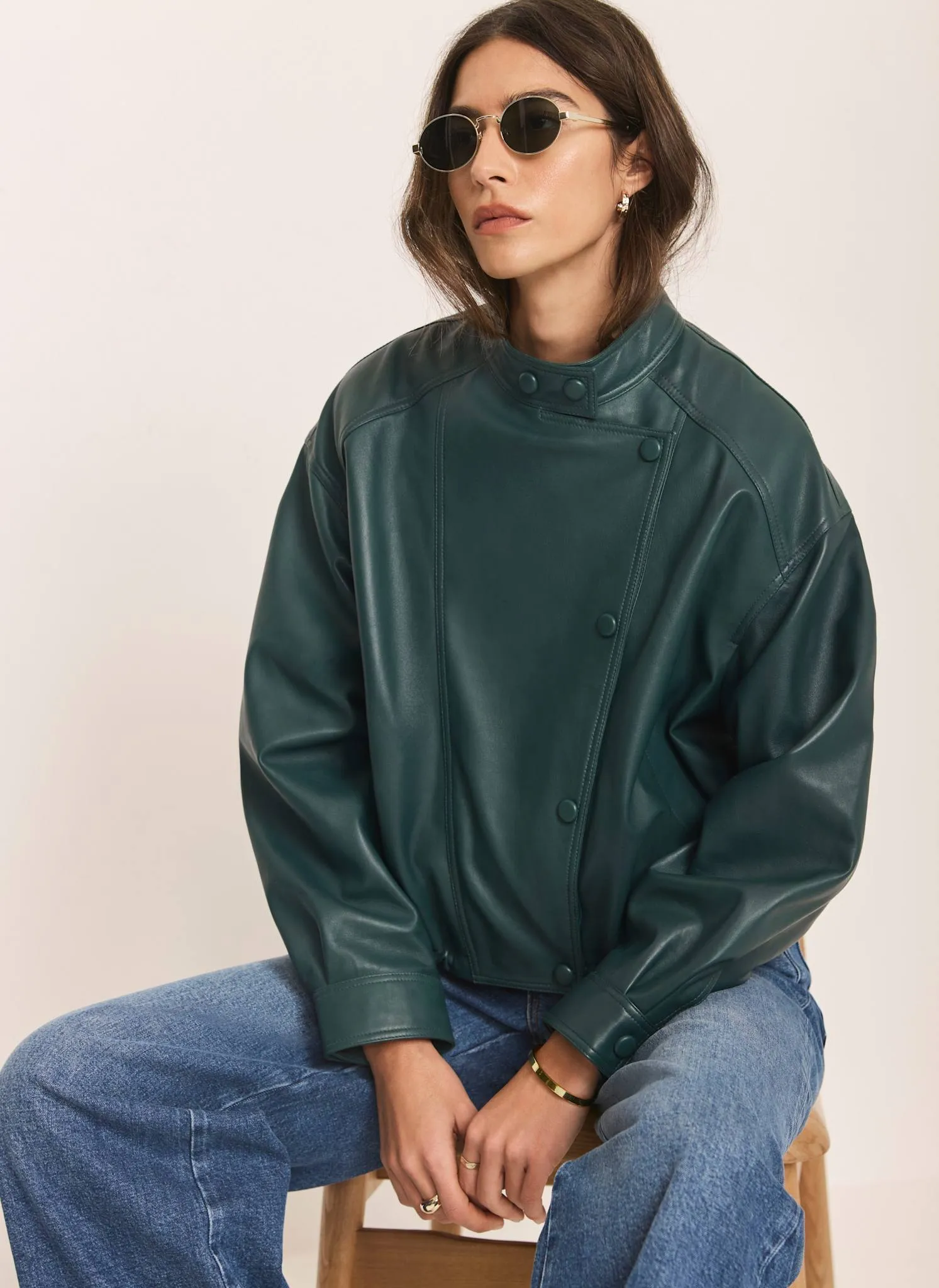 Teal Leather Cropped Pilot Bomber Jacket sold by Mint Velvet product image thumbnail 3