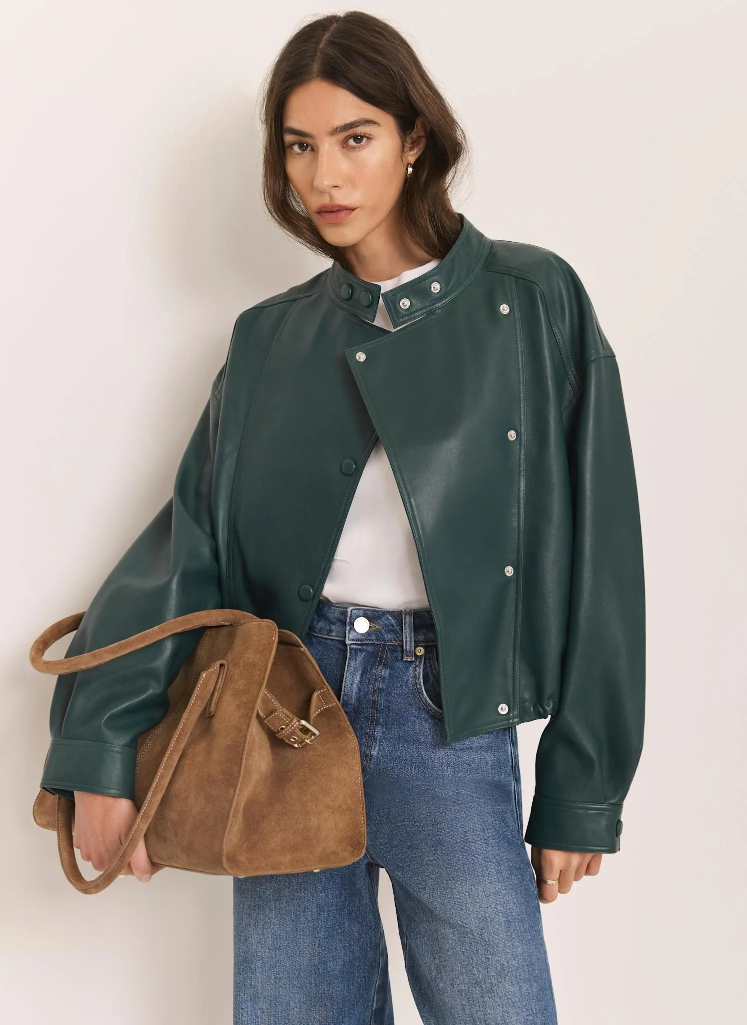 Teal Leather Cropped Pilot Bomber Jacket sold by Mint Velvet