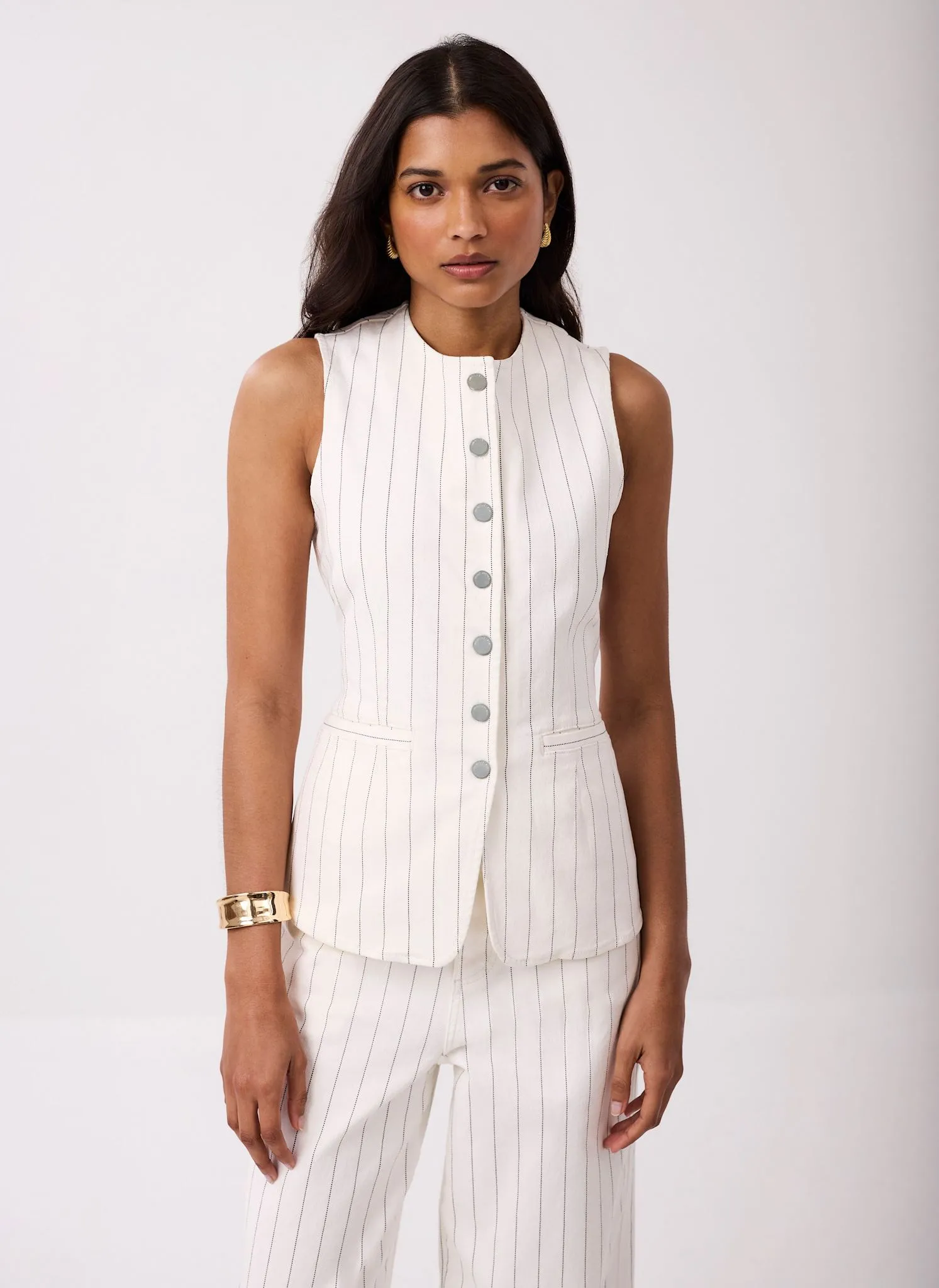 White Pinstripe Denim Waistcoat sold by Mint Velvet product image thumbnail 3