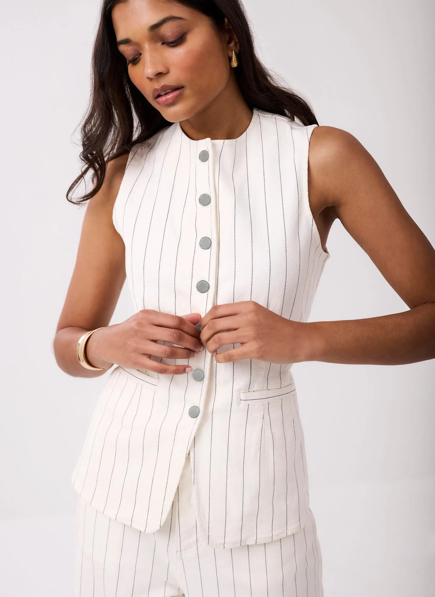 White Pinstripe Denim Waistcoat sold by Mint Velvet