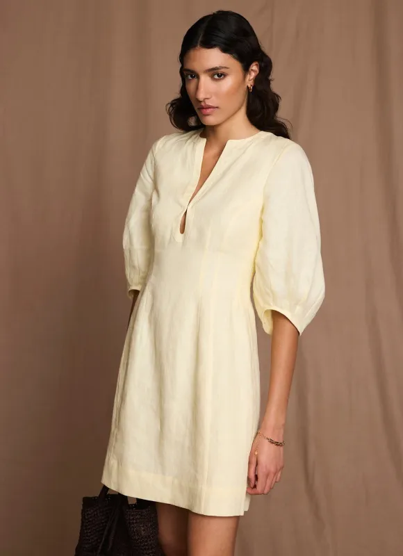 Yellow Linen Puff Sleeve Mini Dress sold by Mint Velvet