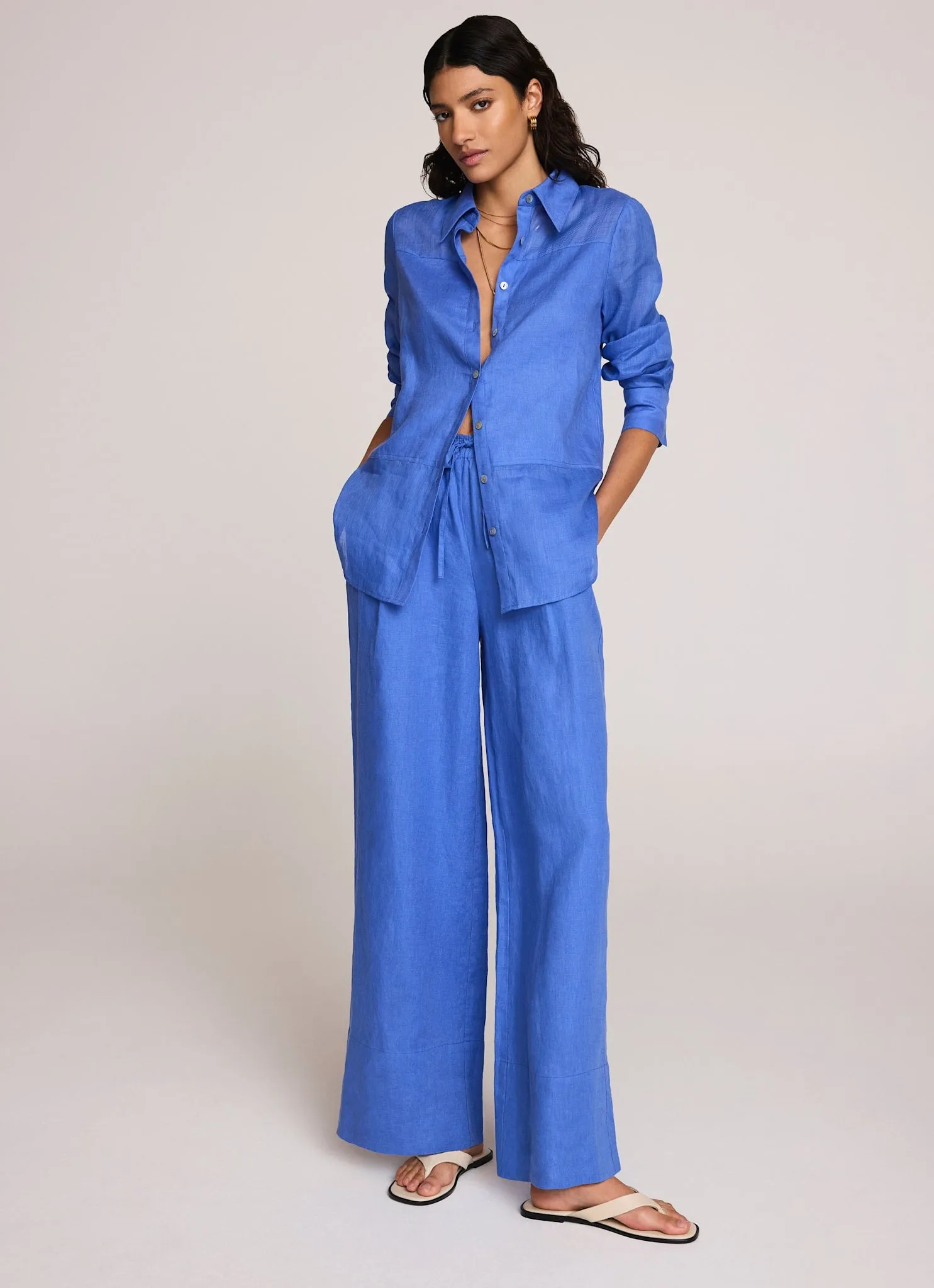 Blue Linen Drawstring Wide Leg Trousers sold by Mint Velvet product image thumbnail 4