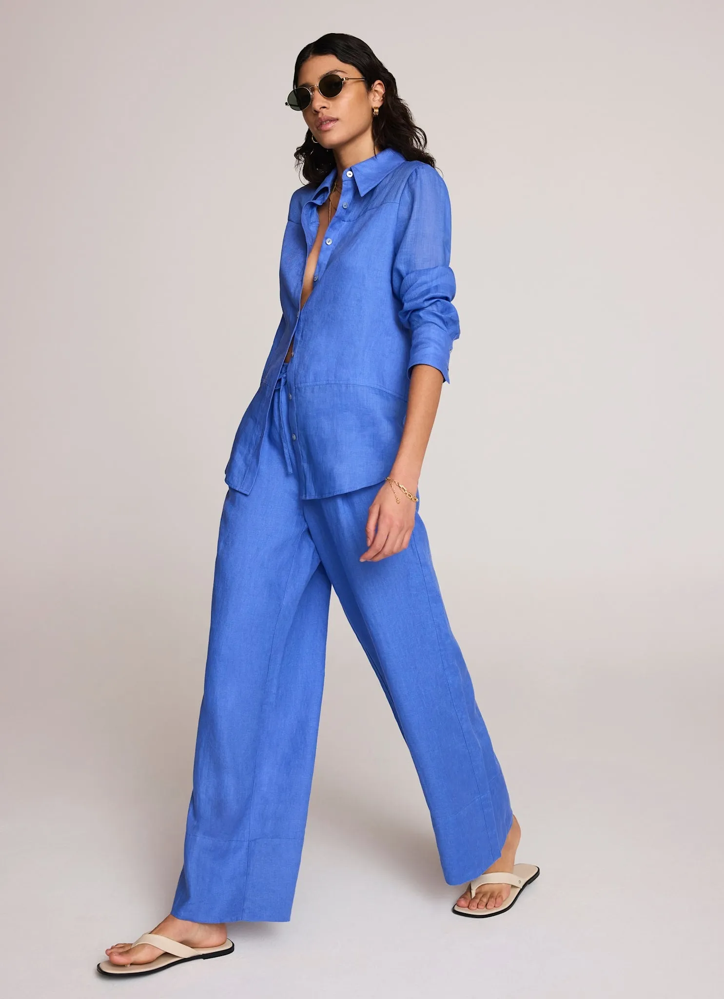 Blue Linen Drawstring Wide Leg Trousers sold by Mint Velvet