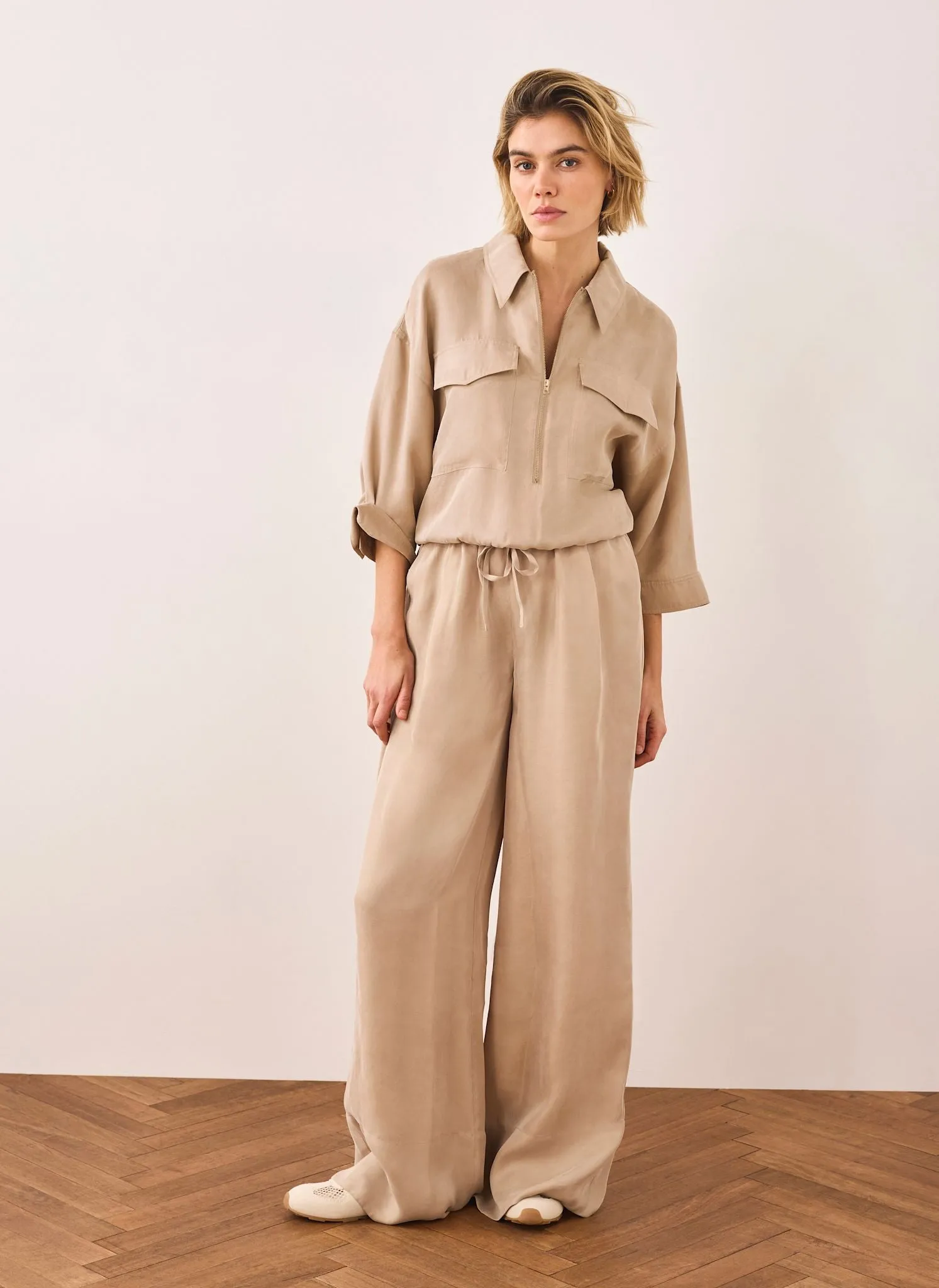 Neutral Drawstring Wide Leg Trousers sold by Mint Velvet