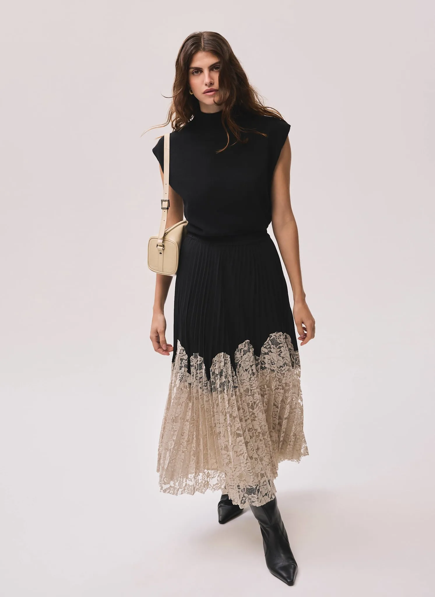 Black Pleated Lace Hem Midi Skirt sold by Mint Velvet product image thumbnail 2