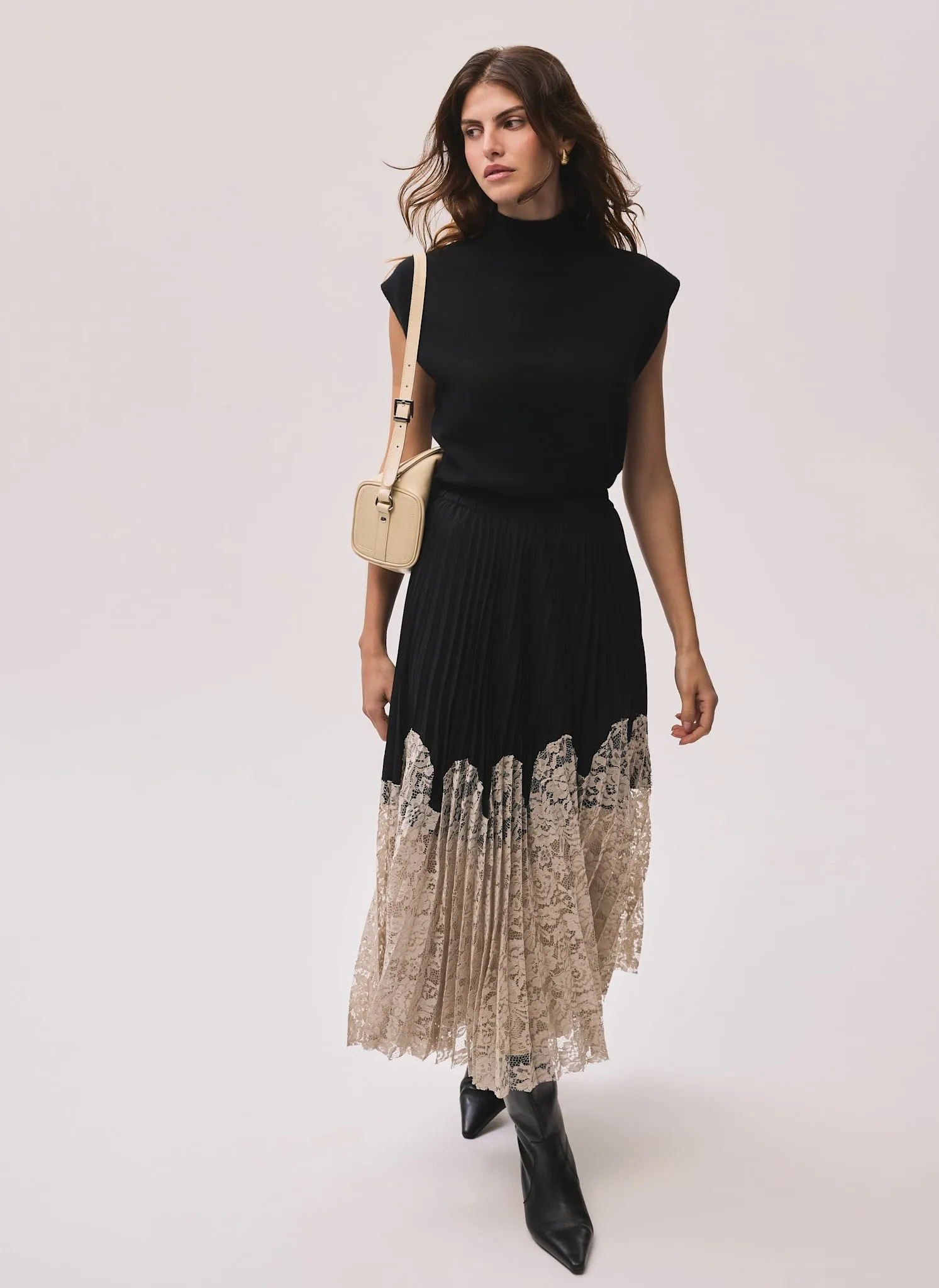 Black Pleated Lace Hem Midi Skirt sold by Mint Velvet product image thumbnail 3