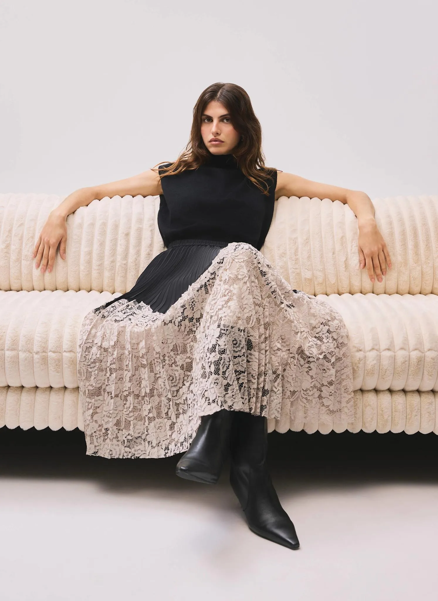 Black Pleated Lace Hem Midi Skirt sold by Mint Velvet