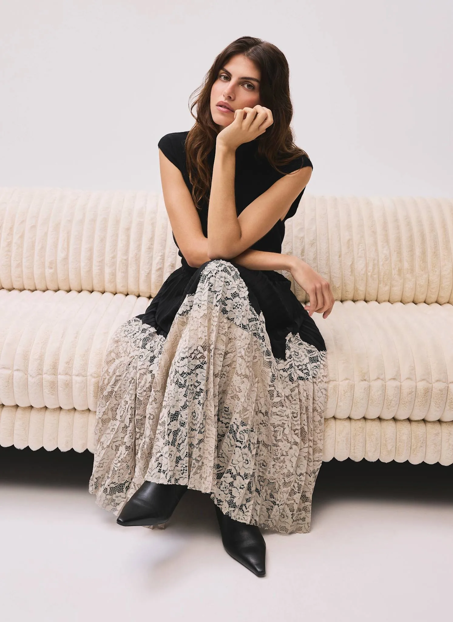 Black Pleated Lace Hem Midi Skirt sold by Mint Velvet product image thumbnail 4