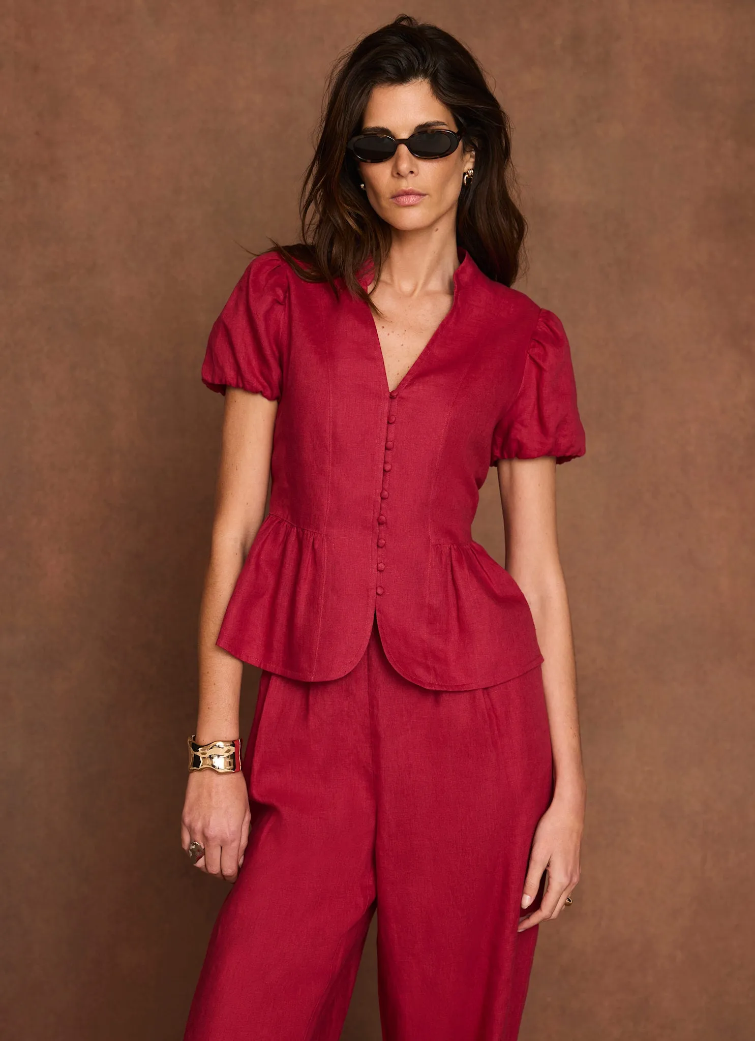 Red Linen Peplum Top sold by Mint Velvet