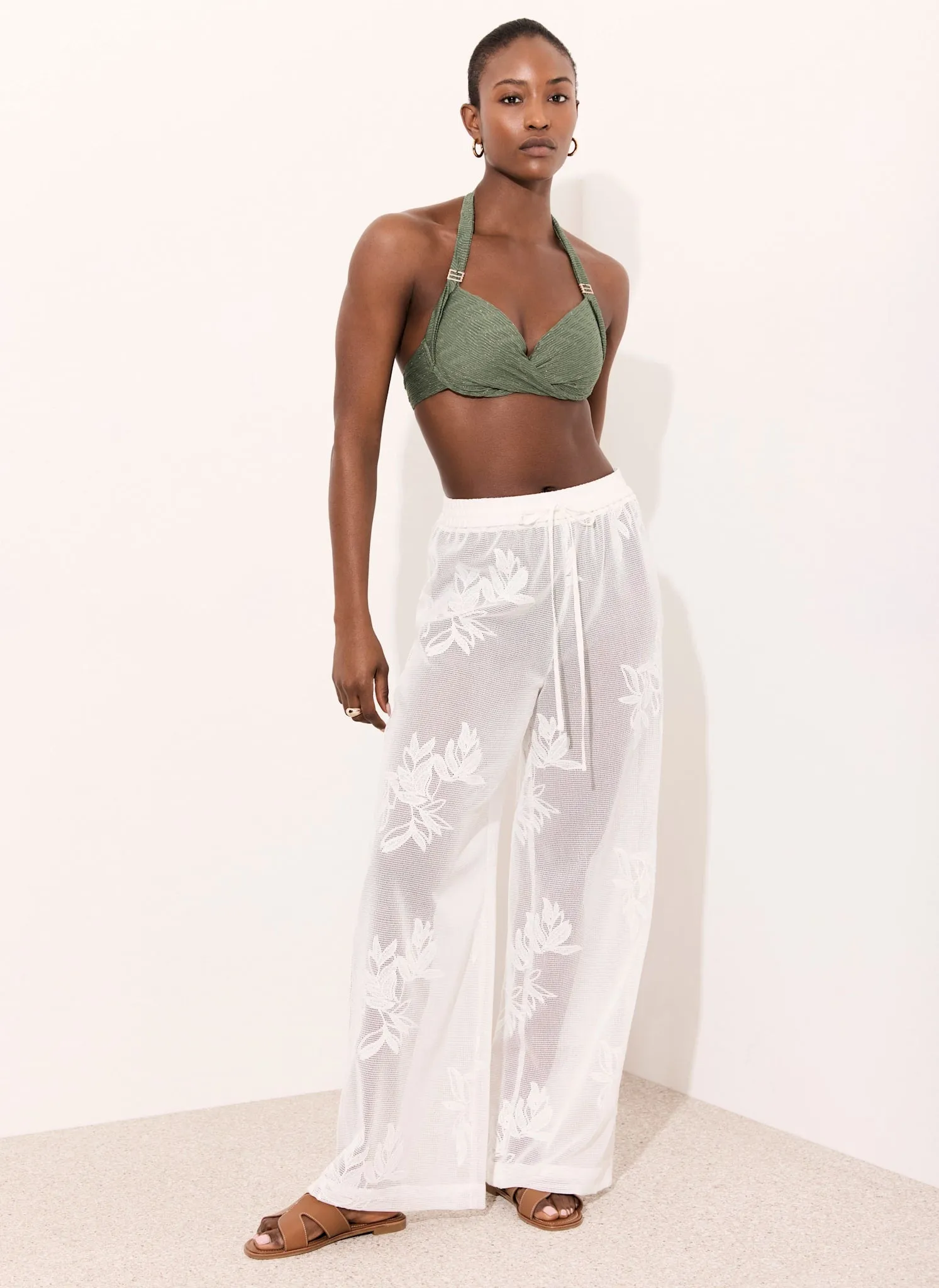 White Floral Detail Mesh Trousers sold by Mint Velvet