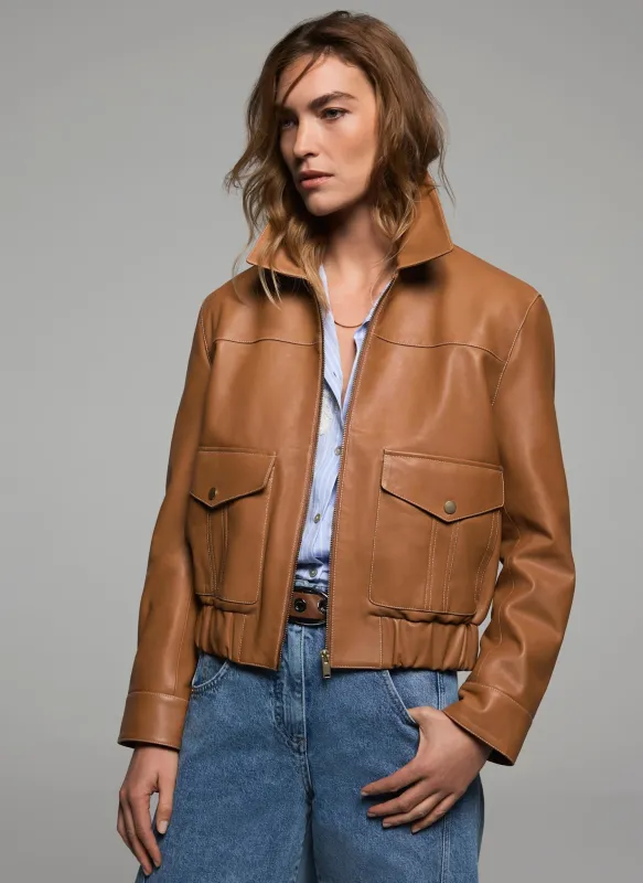 Tan Leather Collared Bomber Jacket sold by Mint Velvet