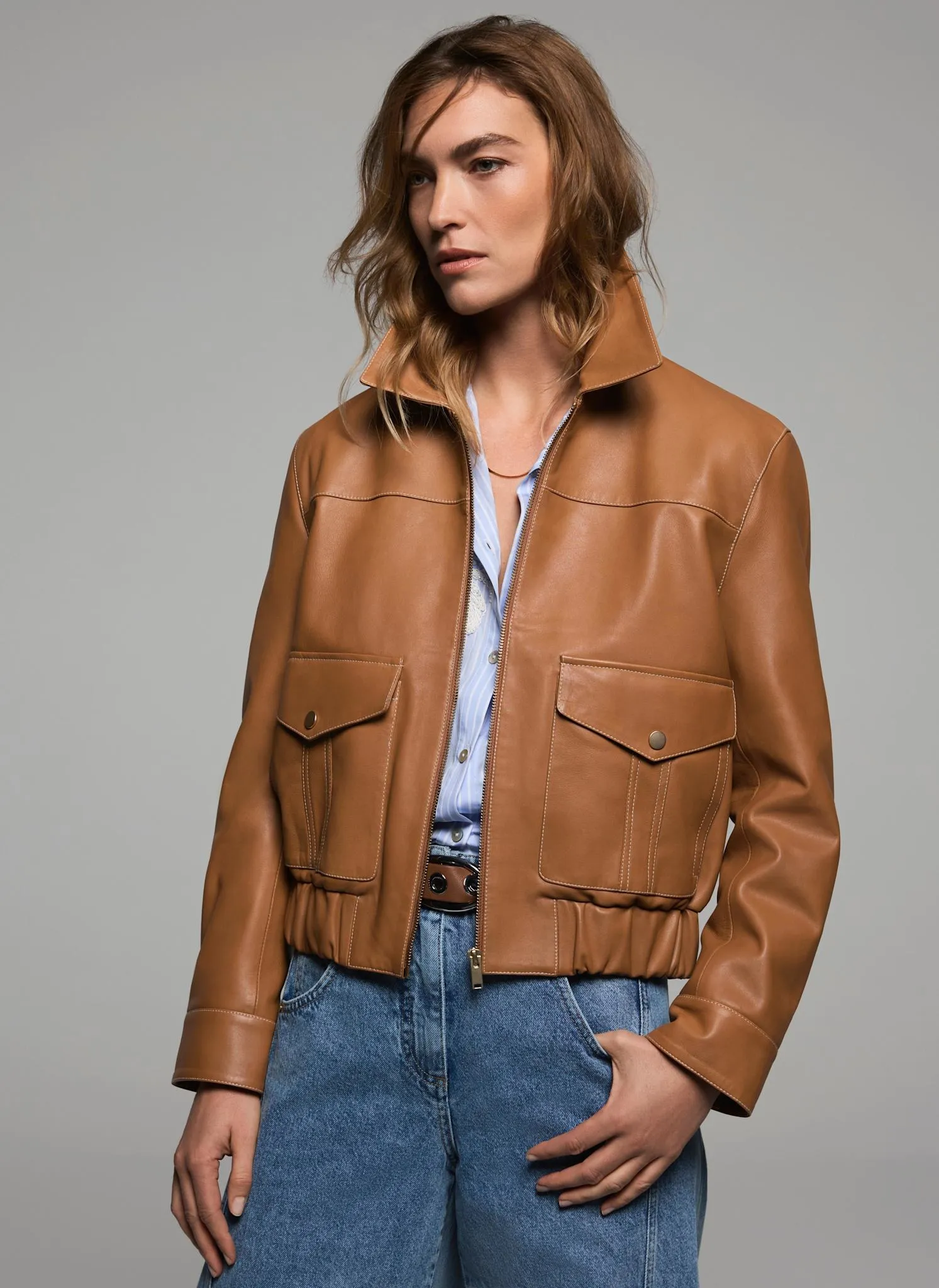 Tan Leather Collared Bomber Jacket sold by Mint Velvet