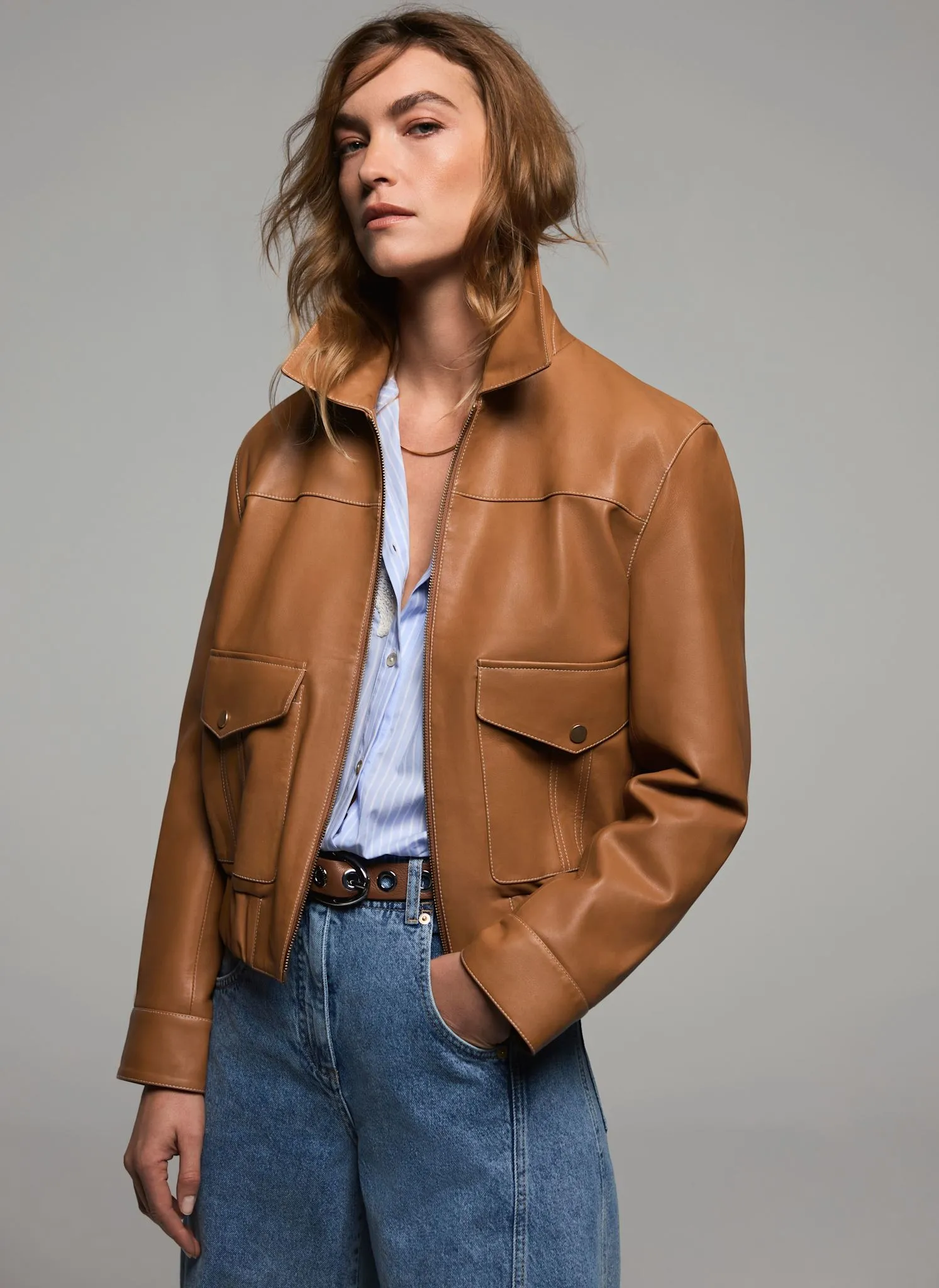 Tan Leather Collared Bomber Jacket sold by Mint Velvet product image thumbnail 2