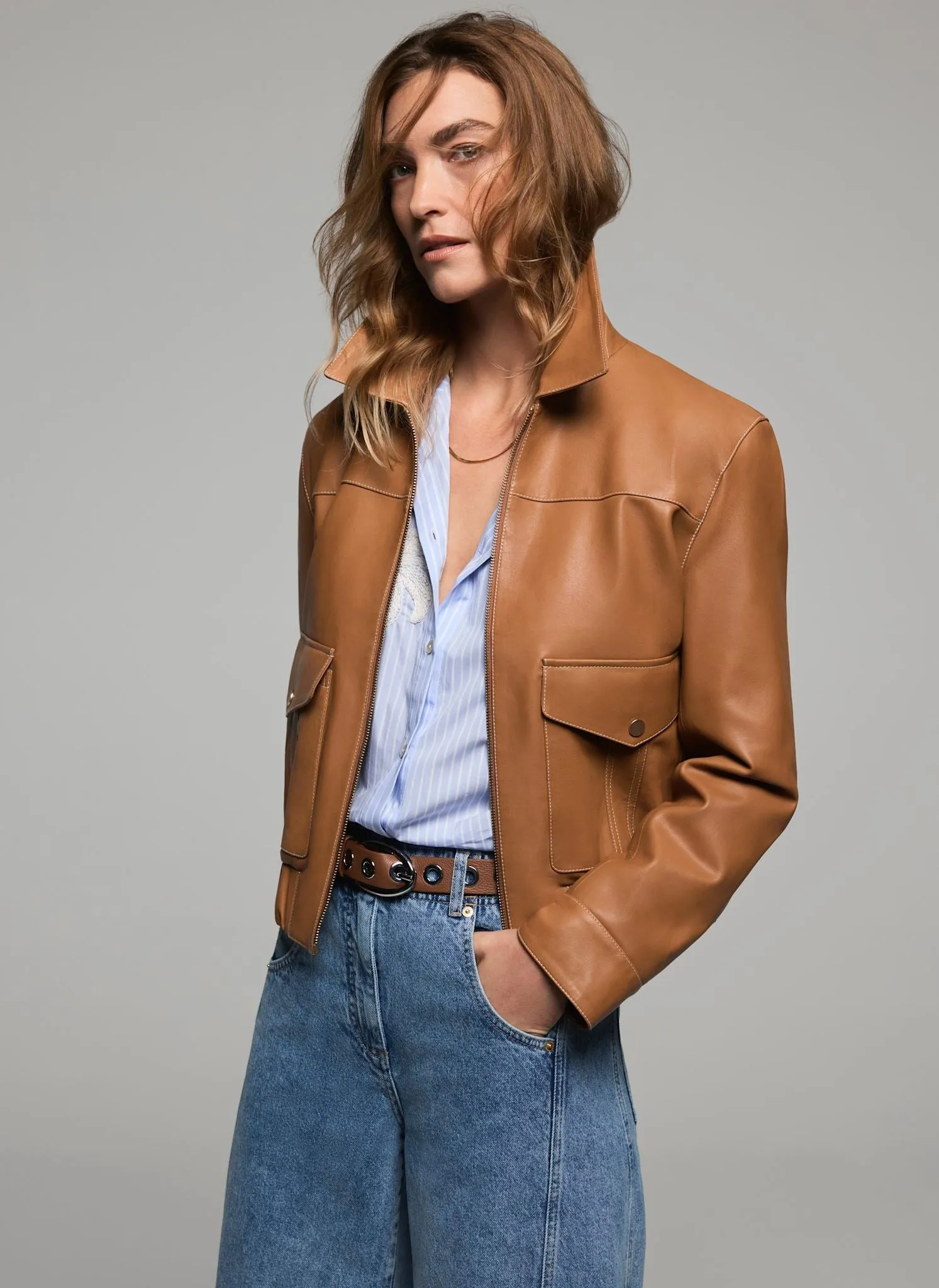 Tan Leather Collared Bomber Jacket sold by Mint Velvet product image thumbnail 4