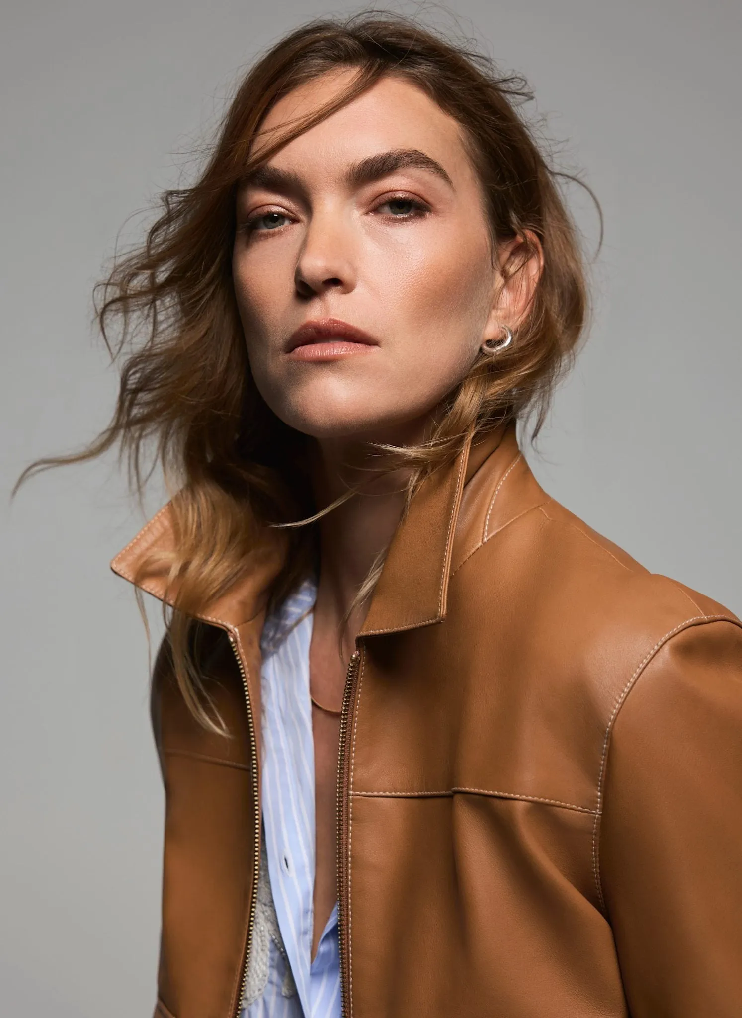 Tan Leather Collared Bomber Jacket sold by Mint Velvet product image thumbnail 3
