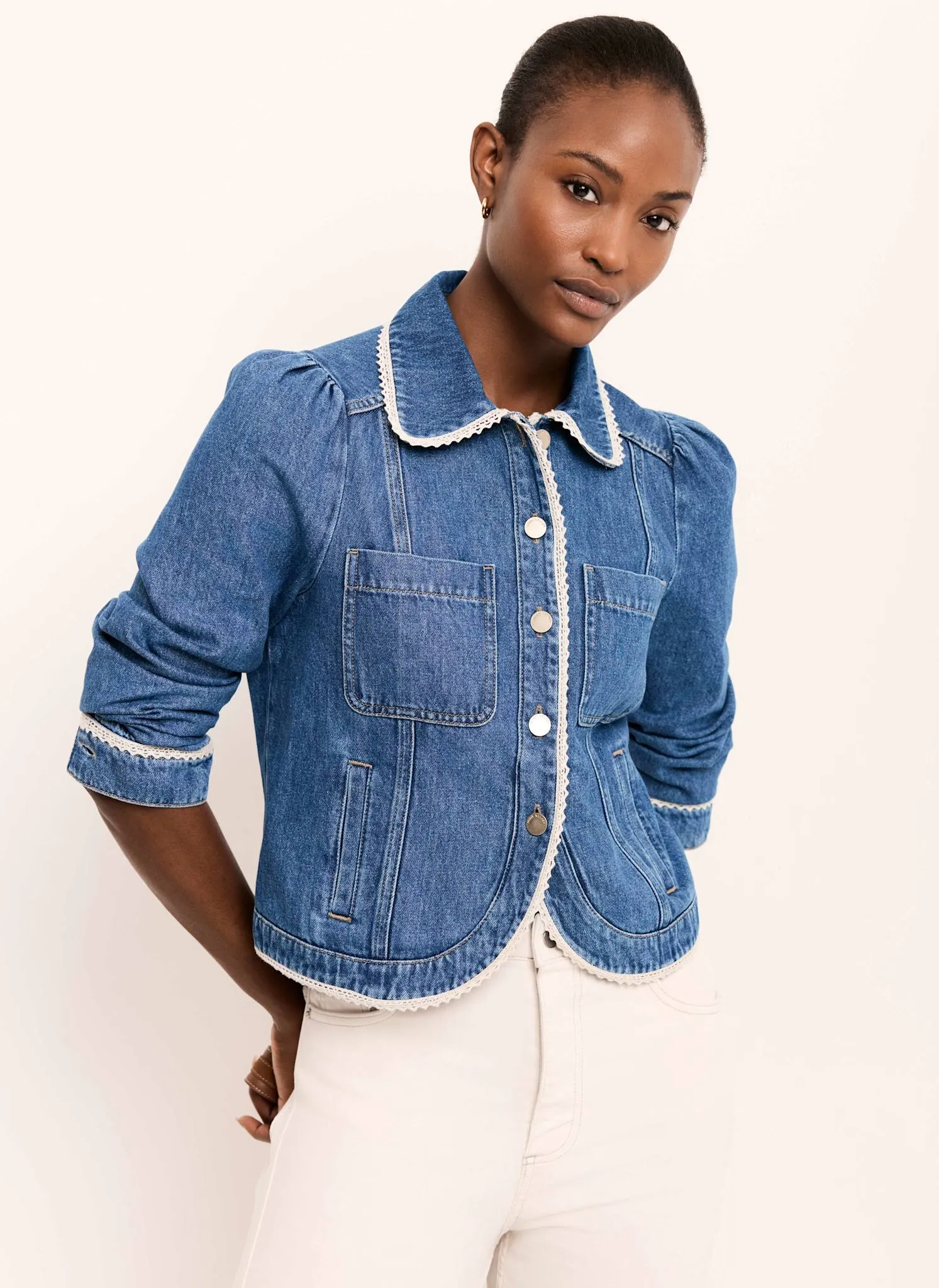 Mid Indigo Crochet Trim Denim Jacket sold by Mint Velvet