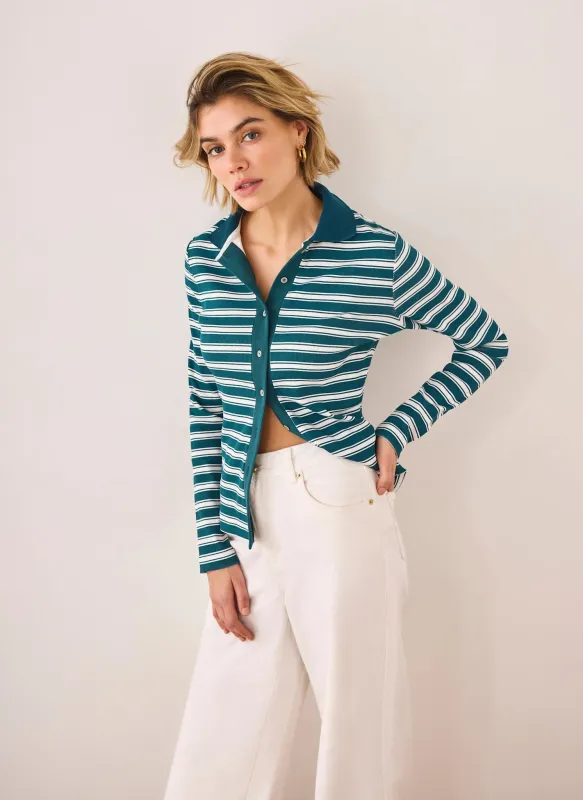 Teal Cotton Blend Striped Polo Shirt sold by Mint Velvet