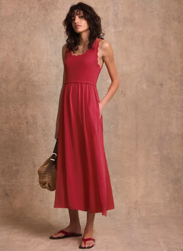 Red Cotton Blend Scallop Trim Midi Dress sold by Mint Velvet