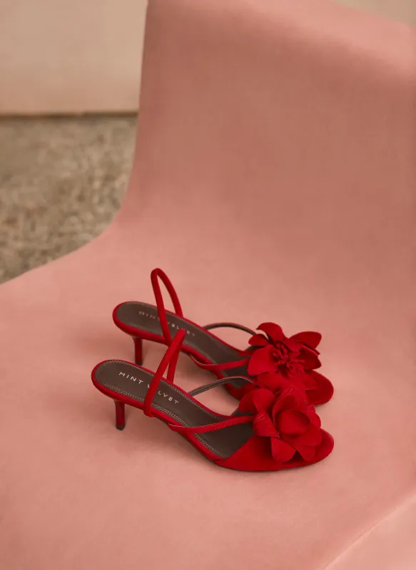 Bri Red Suede Flower Detail Heels made by Mint Velvet