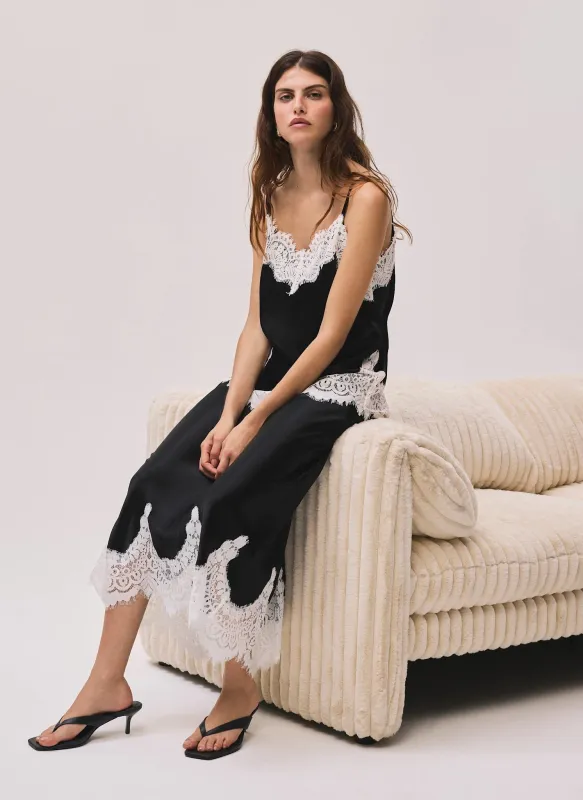 Black Satin Lace Midi Skirt sold by Mint Velvet