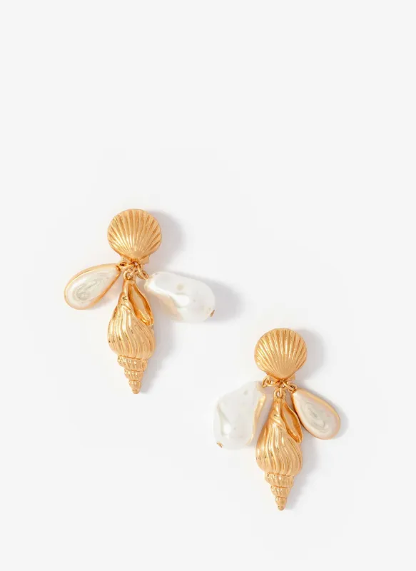 Gold Tone Shell Pearl Drop Earrings sold by Mint Velvet