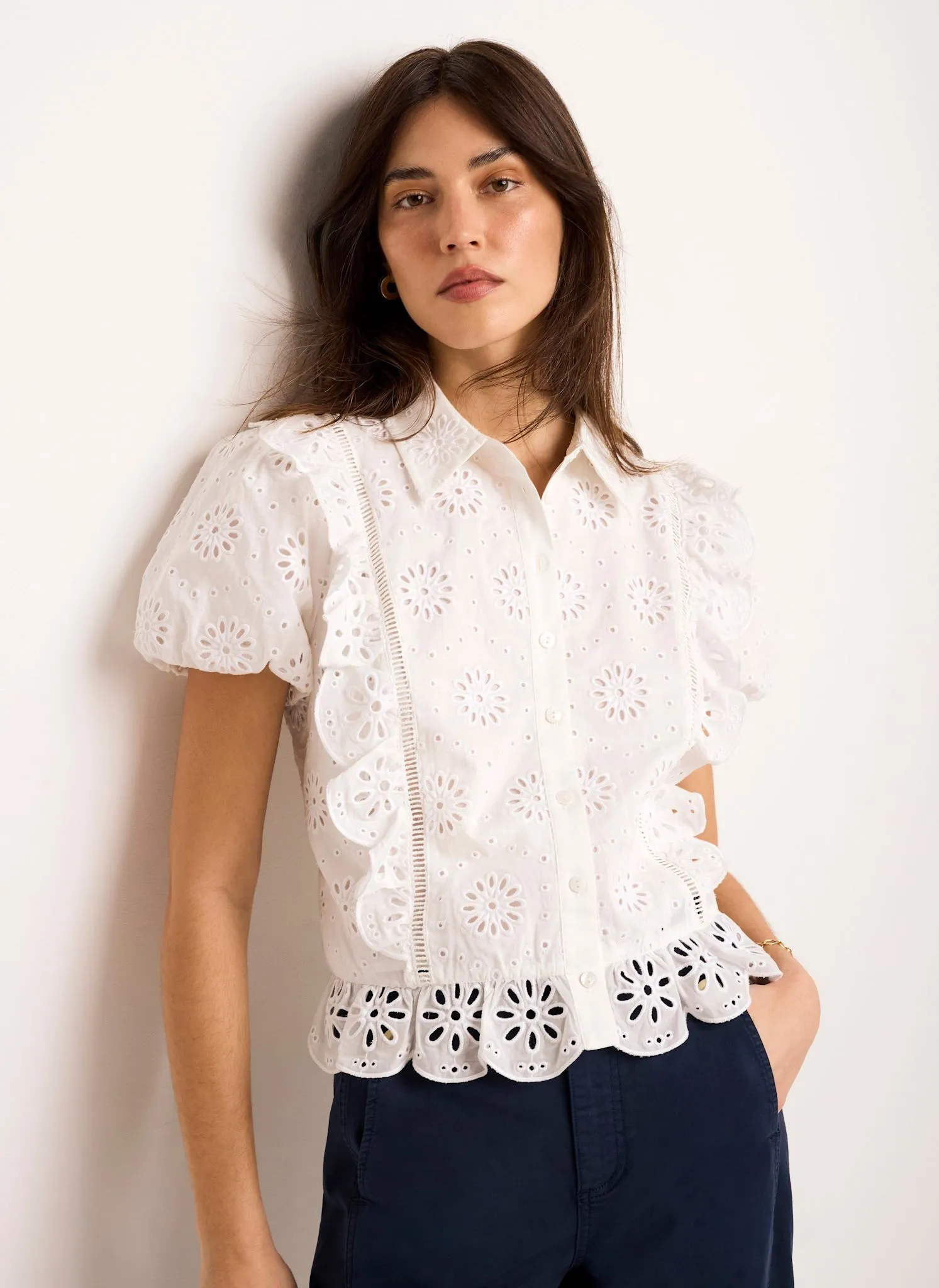 White Cotton Broderie Detail Shirt sold by Mint Velvet product image thumbnail 5