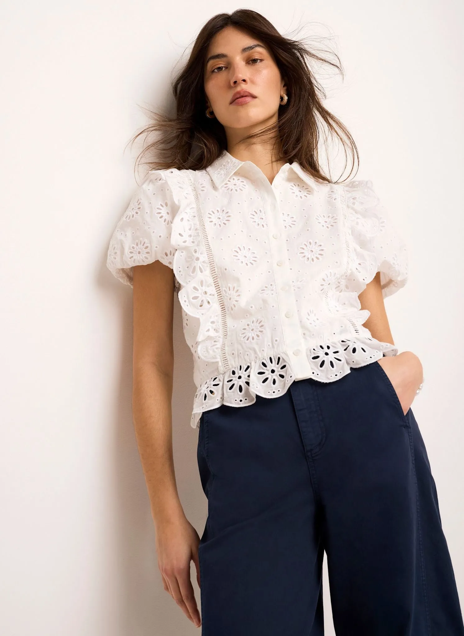 White Cotton Broderie Detail Shirt sold by Mint Velvet