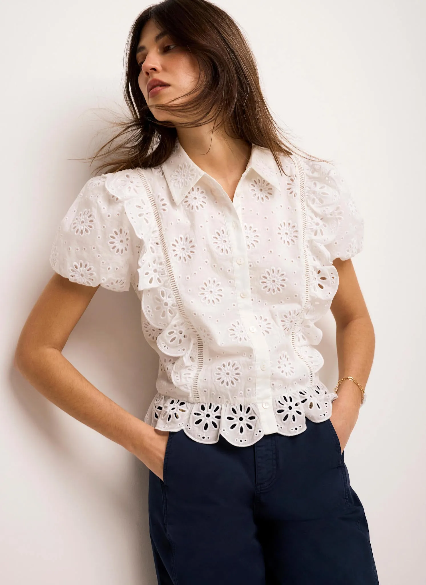 White Cotton Broderie Detail Shirt sold by Mint Velvet product image thumbnail 2