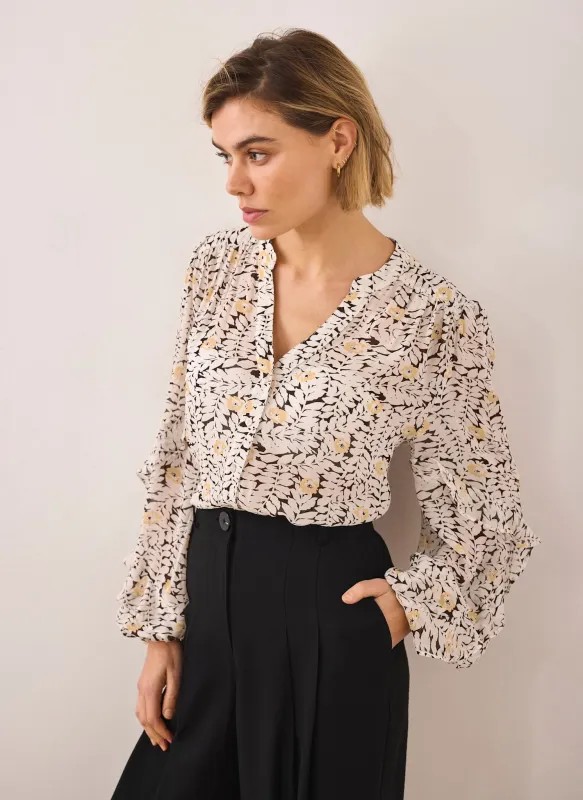 Black Floral Print Ruffle Blouse sold by Mint Velvet